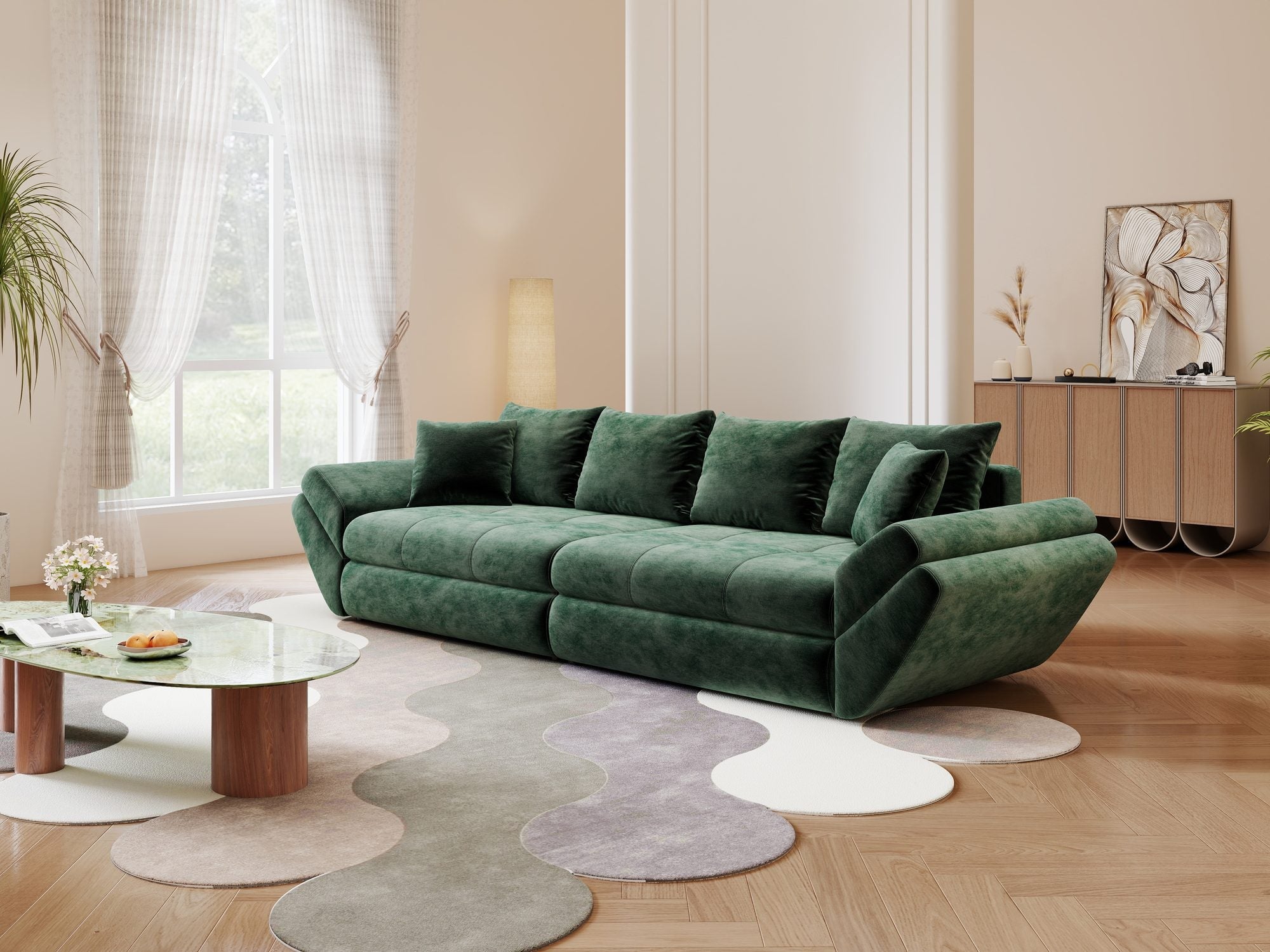 Canapea extensibilă dumonde cu ladă de depozitare si sezut confortabil din spuma high-density, Loana Monolith Verde 300x100 cm