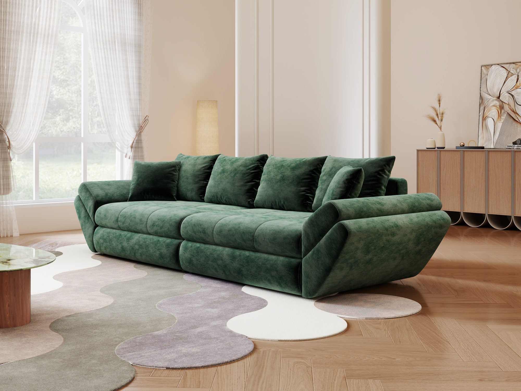 Canapea extensibilă dumonde cu ladă de depozitare si sezut confortabil din spuma high-density, Loana Monolith Verde 300x100 cm