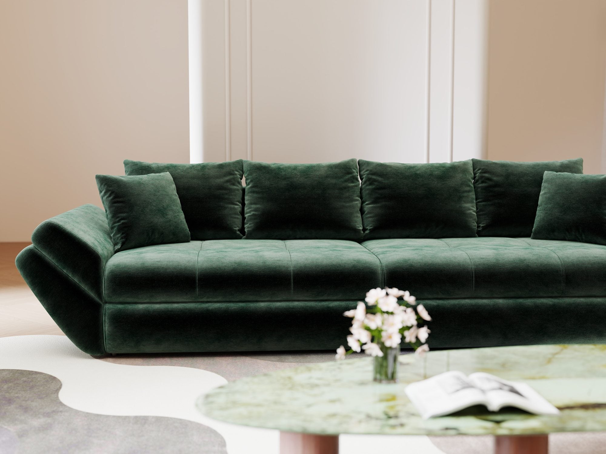 Canapea extensibilă dumonde cu ladă de depozitare si sezut confortabil din spuma high-density, Loana Monolith Verde 300x100 cm