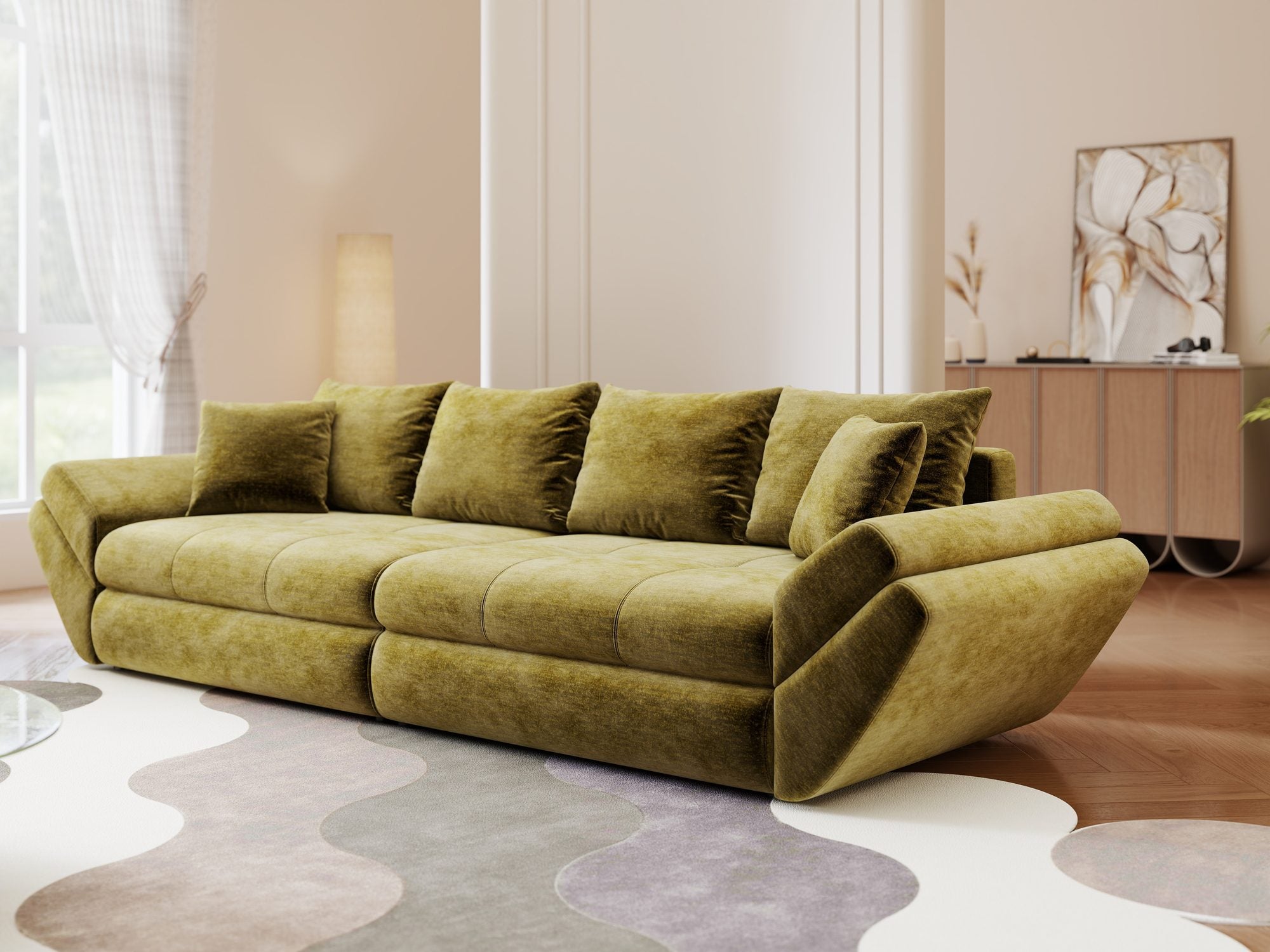 Canapea extensibilă dumonde cu ladă de depozitare si sezut confortabil din spuma high-density, Loana Monolith Verde olive 300x100 cm