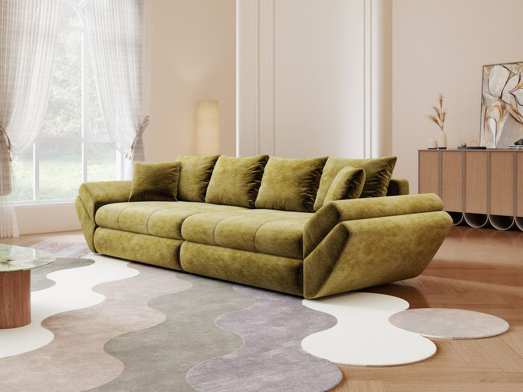 Canapea extensibilă dumonde cu ladă de depozitare si sezut confortabil din spuma high-density, Loana Monolith Verde olive 300x100 cm