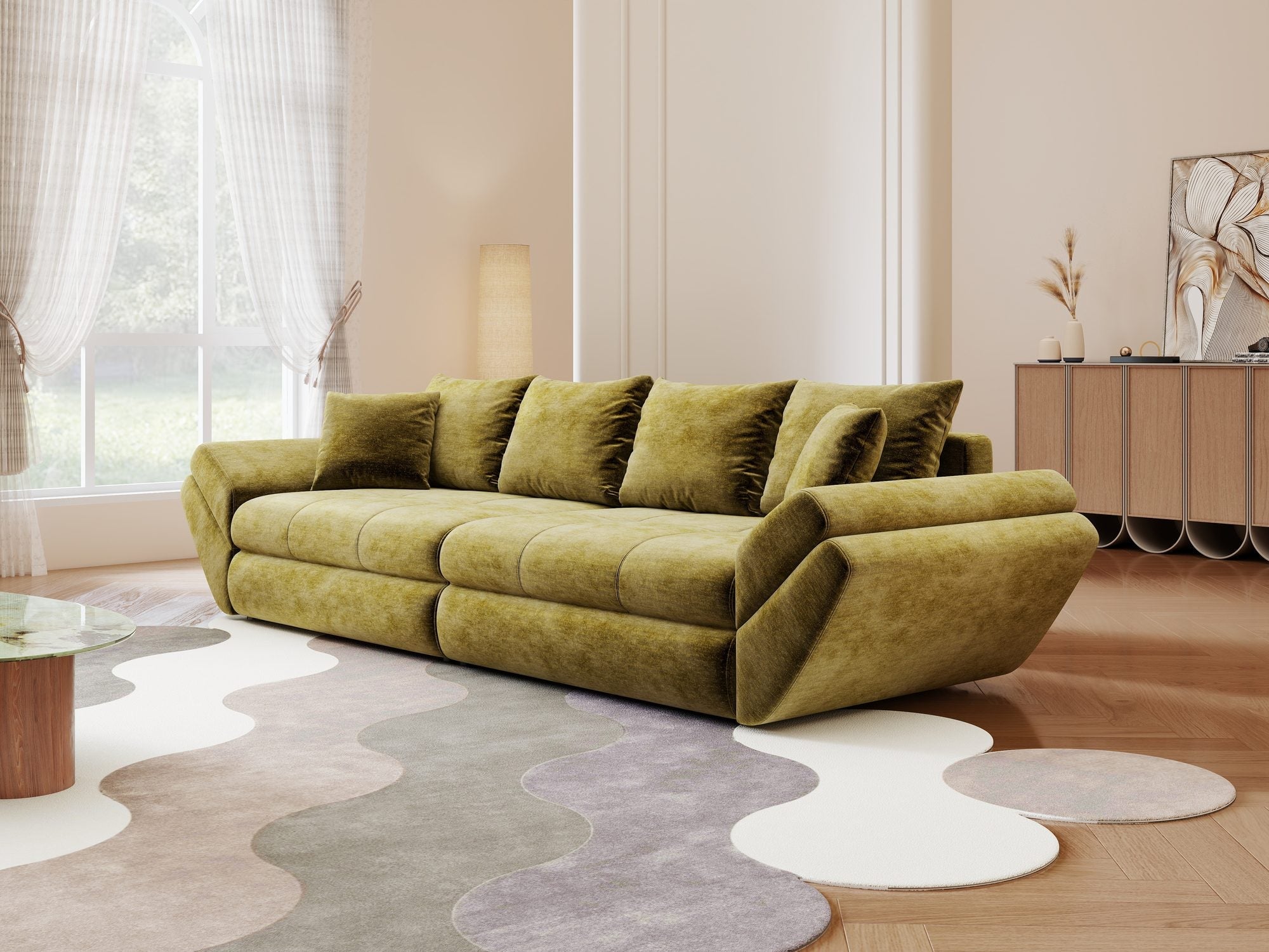 Canapea extensibilă dumonde cu ladă de depozitare si sezut confortabil din spuma high-density, Loana Monolith Verde olive 300x100 cm