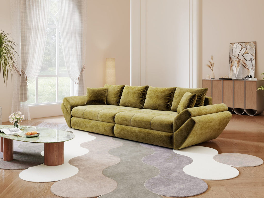 Canapea extensibilă dumonde cu ladă de depozitare si sezut confortabil din spuma high-density, Loana Monolith Verde olive 300x100 cm