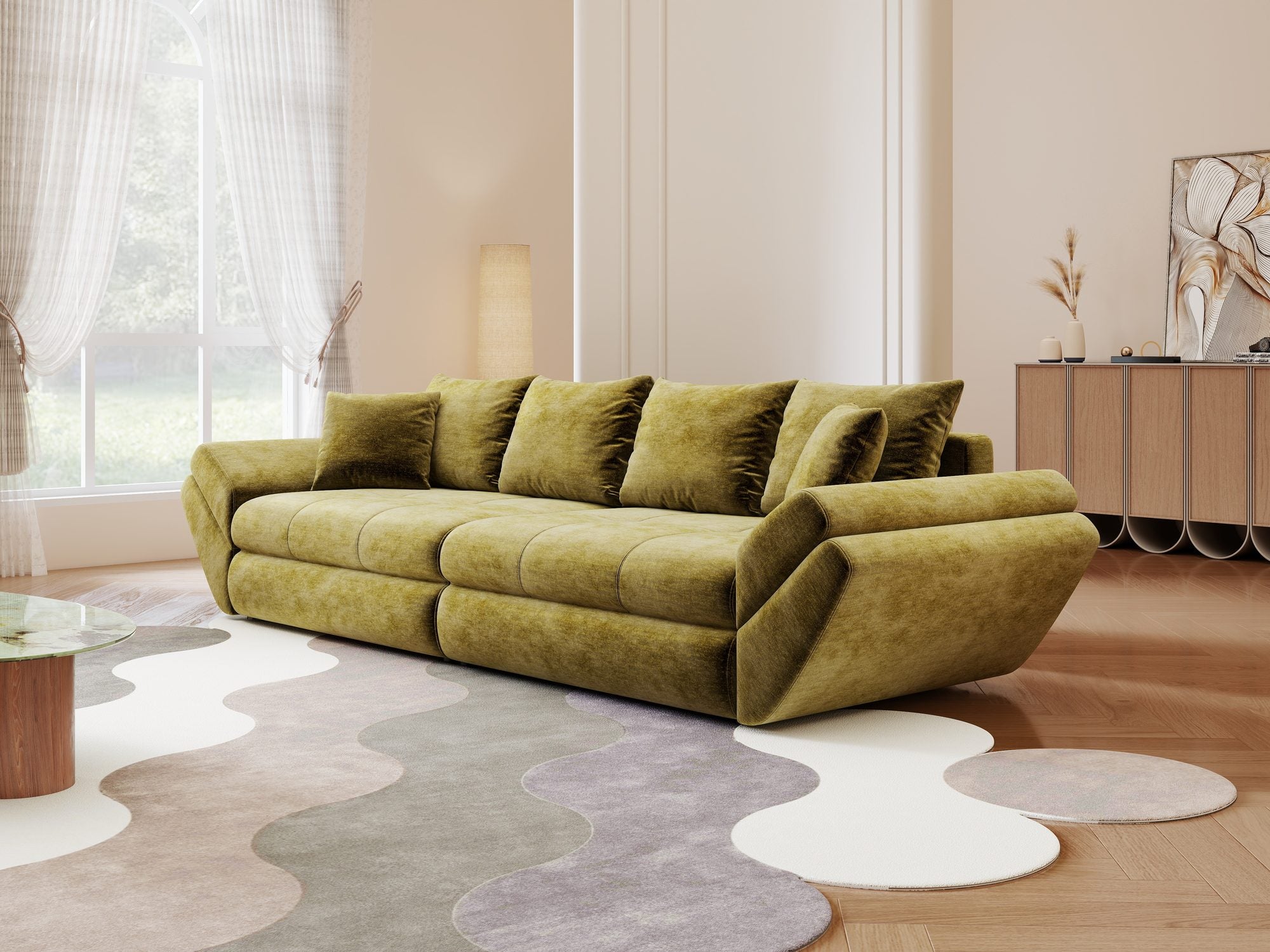 Canapea extensibilă dumonde cu ladă de depozitare si sezut confortabil din spuma high-density, Loana Monolith Verde olive 300x100 cm