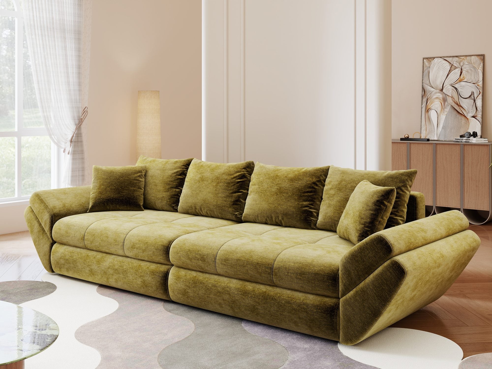 Canapea extensibilă dumonde cu ladă de depozitare si sezut confortabil din spuma high-density, Loana Monolith Verde olive 300x100 cm