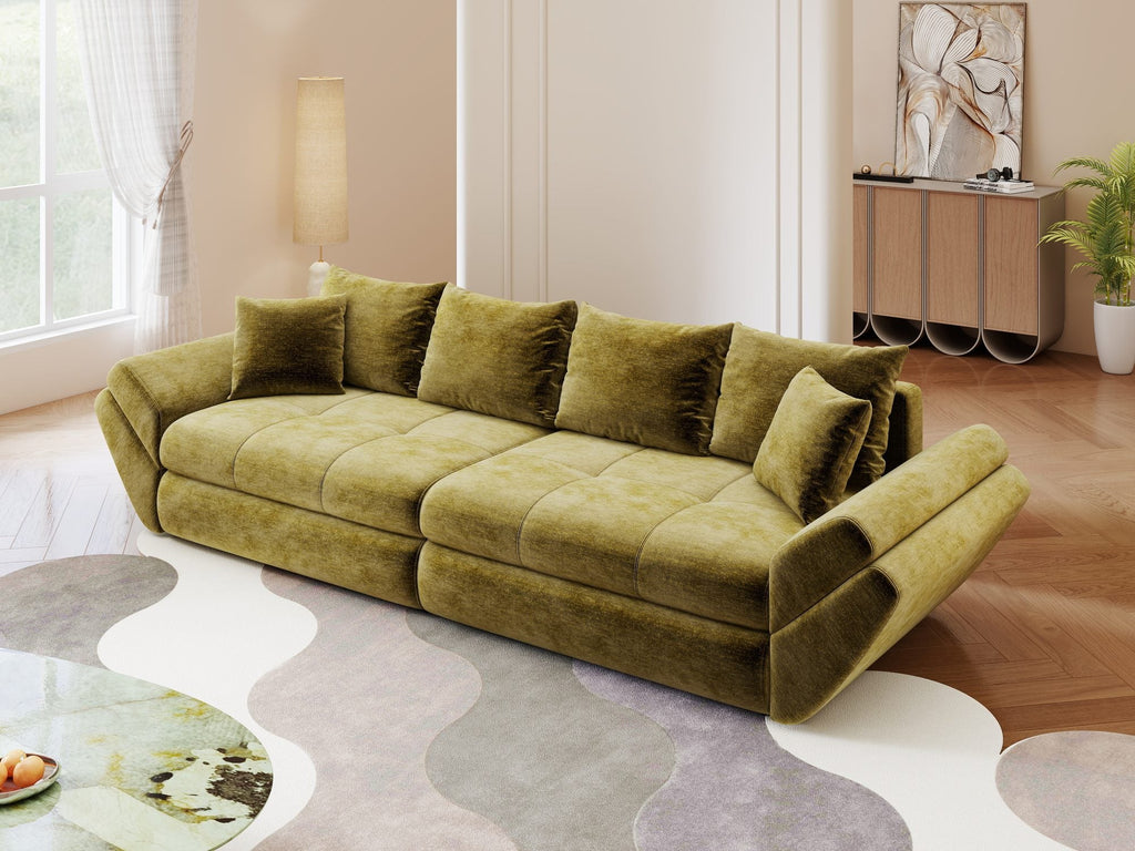 Canapea extensibilă dumonde cu ladă de depozitare si sezut confortabil din spuma high-density, Loana Monolith Verde olive 300x100 cm