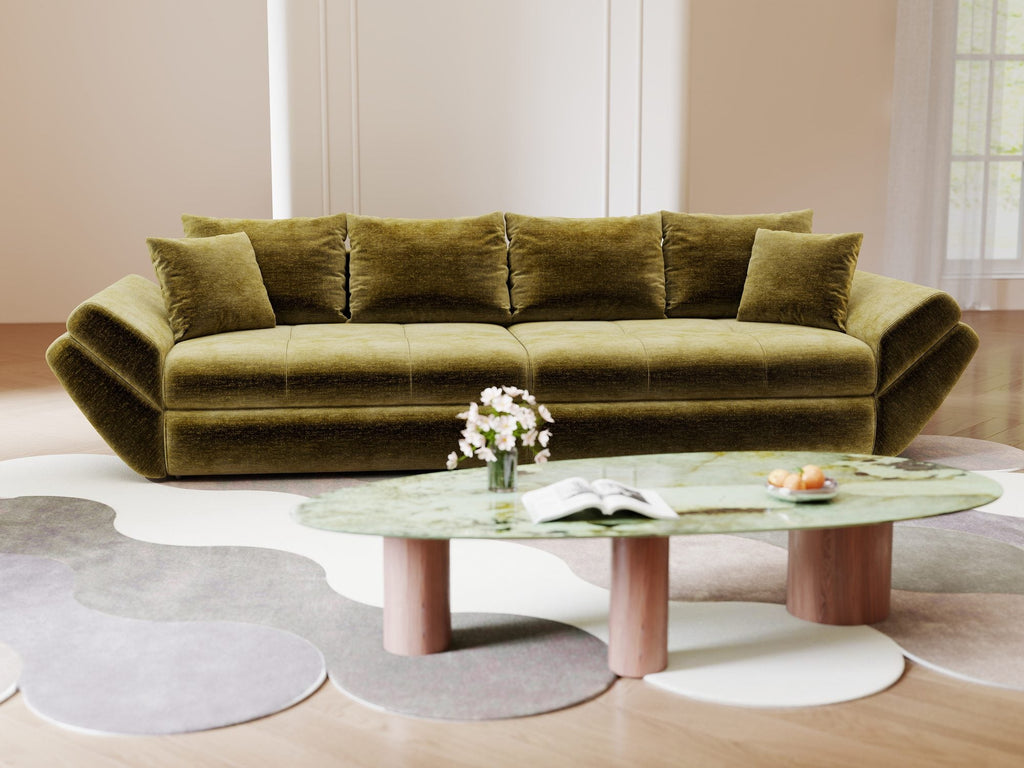 Canapea extensibilă dumonde cu ladă de depozitare si sezut confortabil din spuma high-density, Loana Monolith Verde olive 300x100 cm