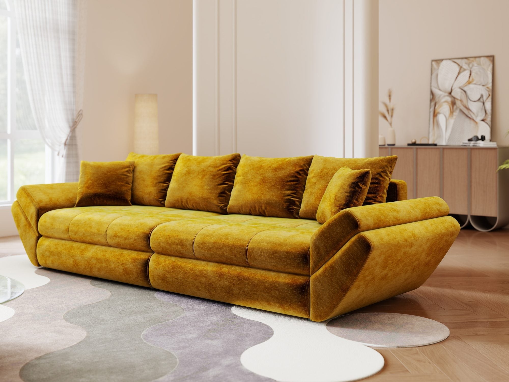 Canapea extensibilă dumonde cu ladă de depozitare si sezut confortabil din spuma high-density, Loana Monolith Mustar 300x100 cm