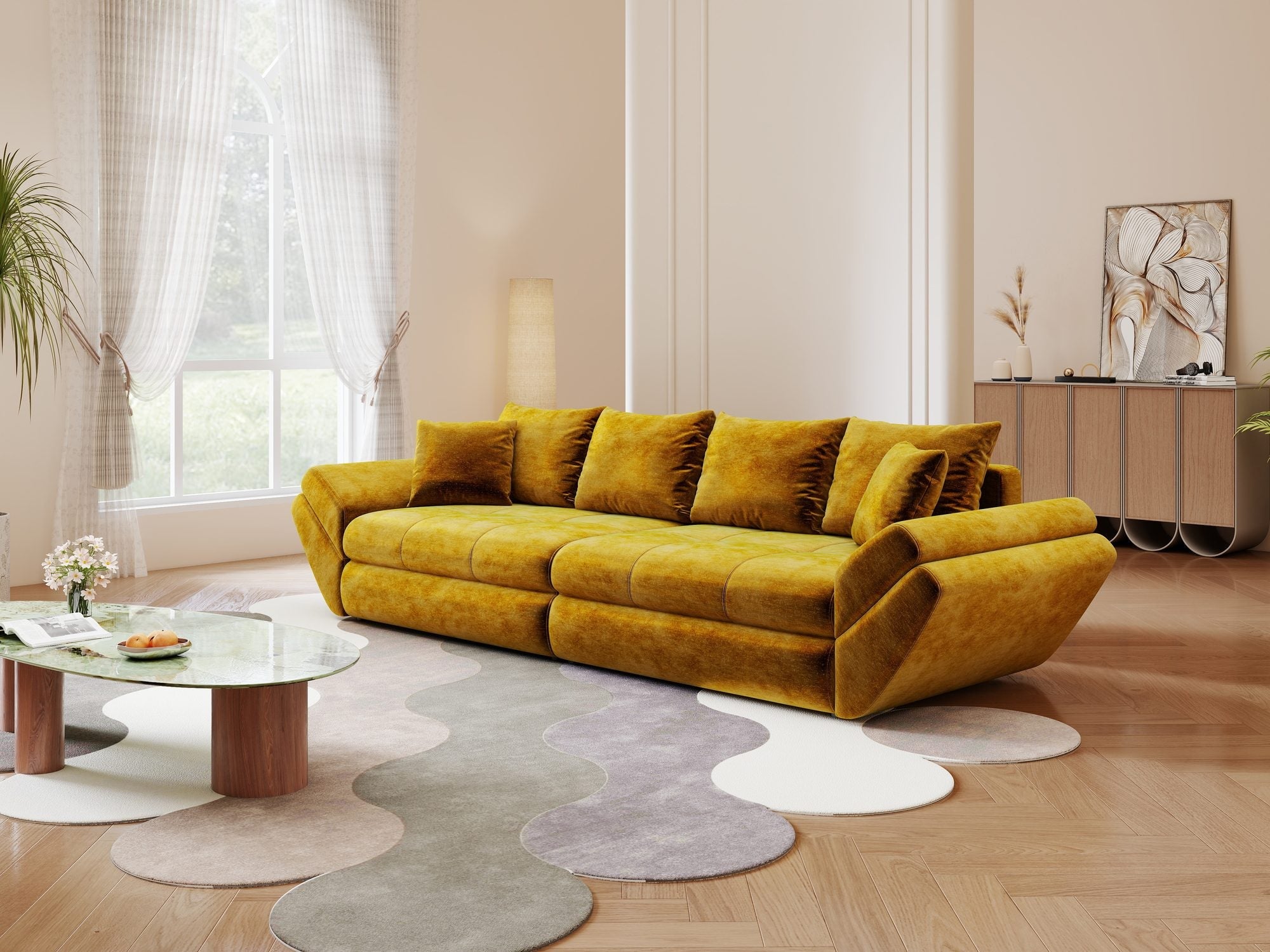 Canapea extensibilă dumonde cu ladă de depozitare si sezut confortabil din spuma high-density, Loana Monolith Mustar 300x100 cm