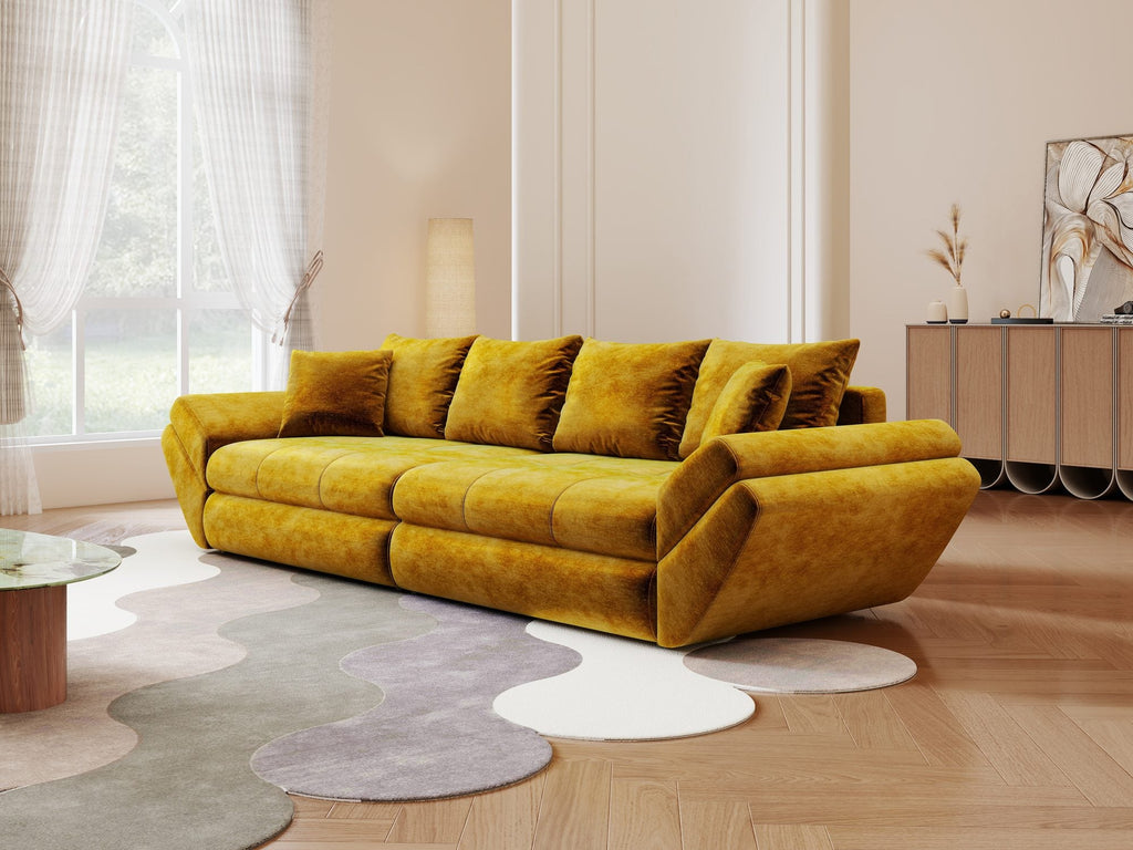 Canapea extensibilă dumonde cu ladă de depozitare si sezut confortabil din spuma high-density, Loana Monolith Mustar 300x100 cm
