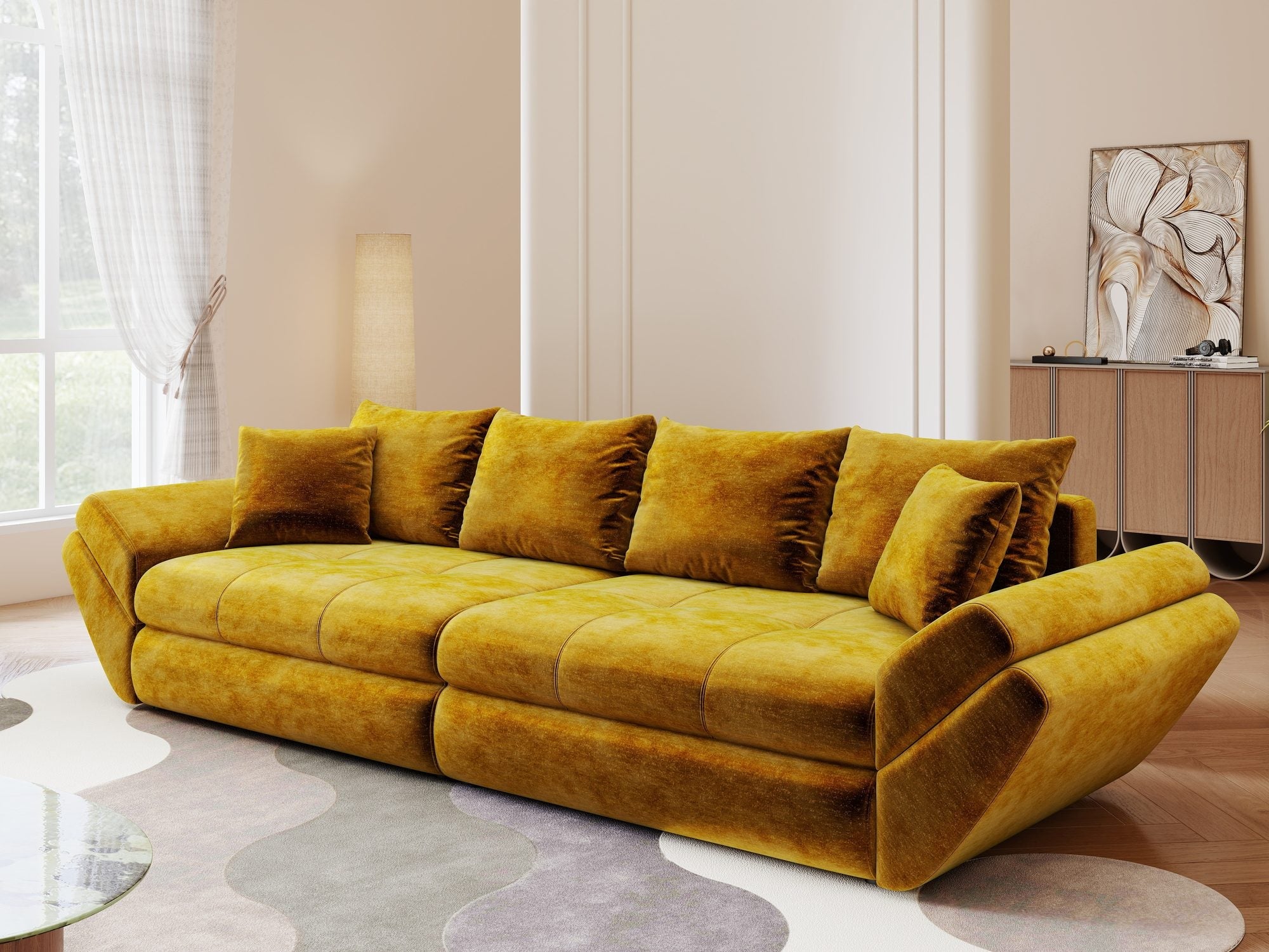 Canapea extensibilă dumonde cu ladă de depozitare si sezut confortabil din spuma high-density, Loana Monolith Mustar 300x100 cm