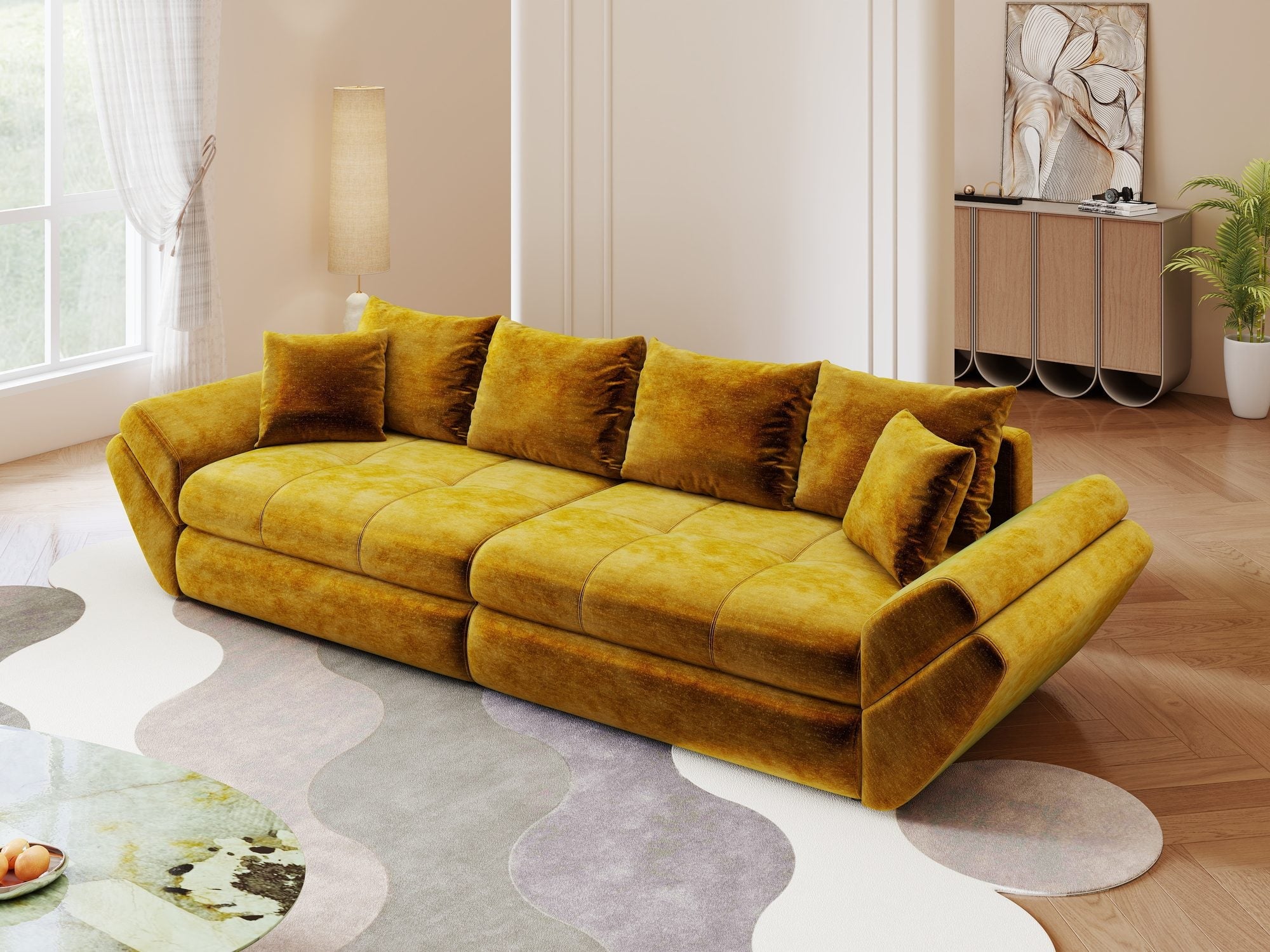 Canapea extensibilă dumonde cu ladă de depozitare si sezut confortabil din spuma high-density, Loana Monolith Mustar 300x100 cm