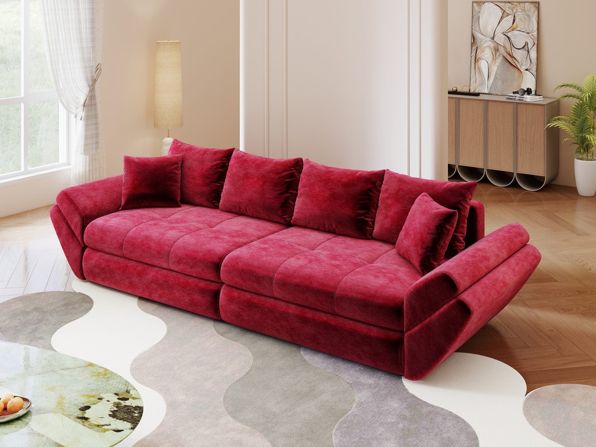 Canapea extensibilă dumonde cu ladă de depozitare si sezut confortabil din spuma high-density, Loana Monolith Rosu 300x100 cm