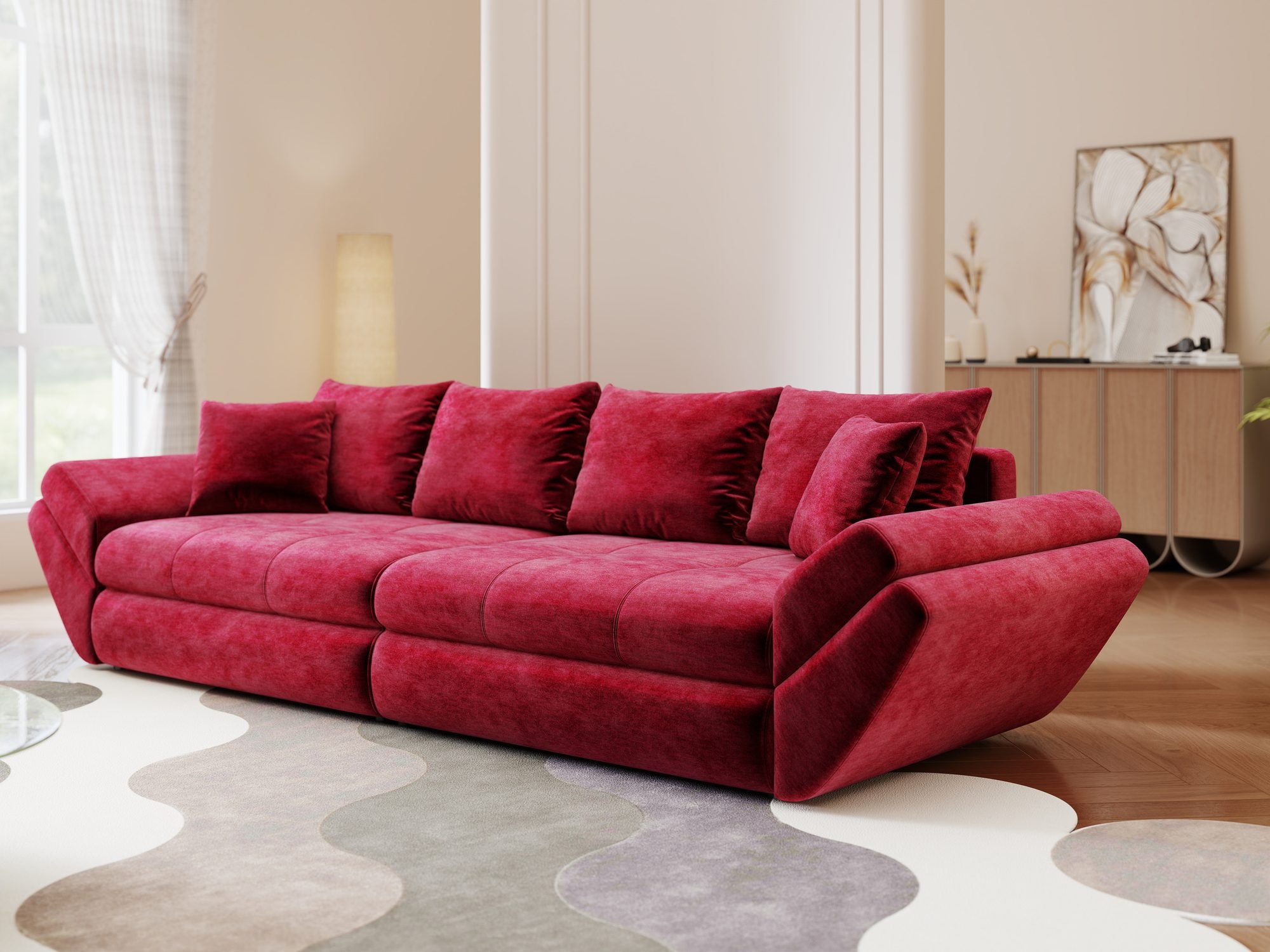 Canapea extensibilă dumonde cu ladă de depozitare si sezut confortabil din spuma high-density, Loana Monolith Rosu 300x100 cm