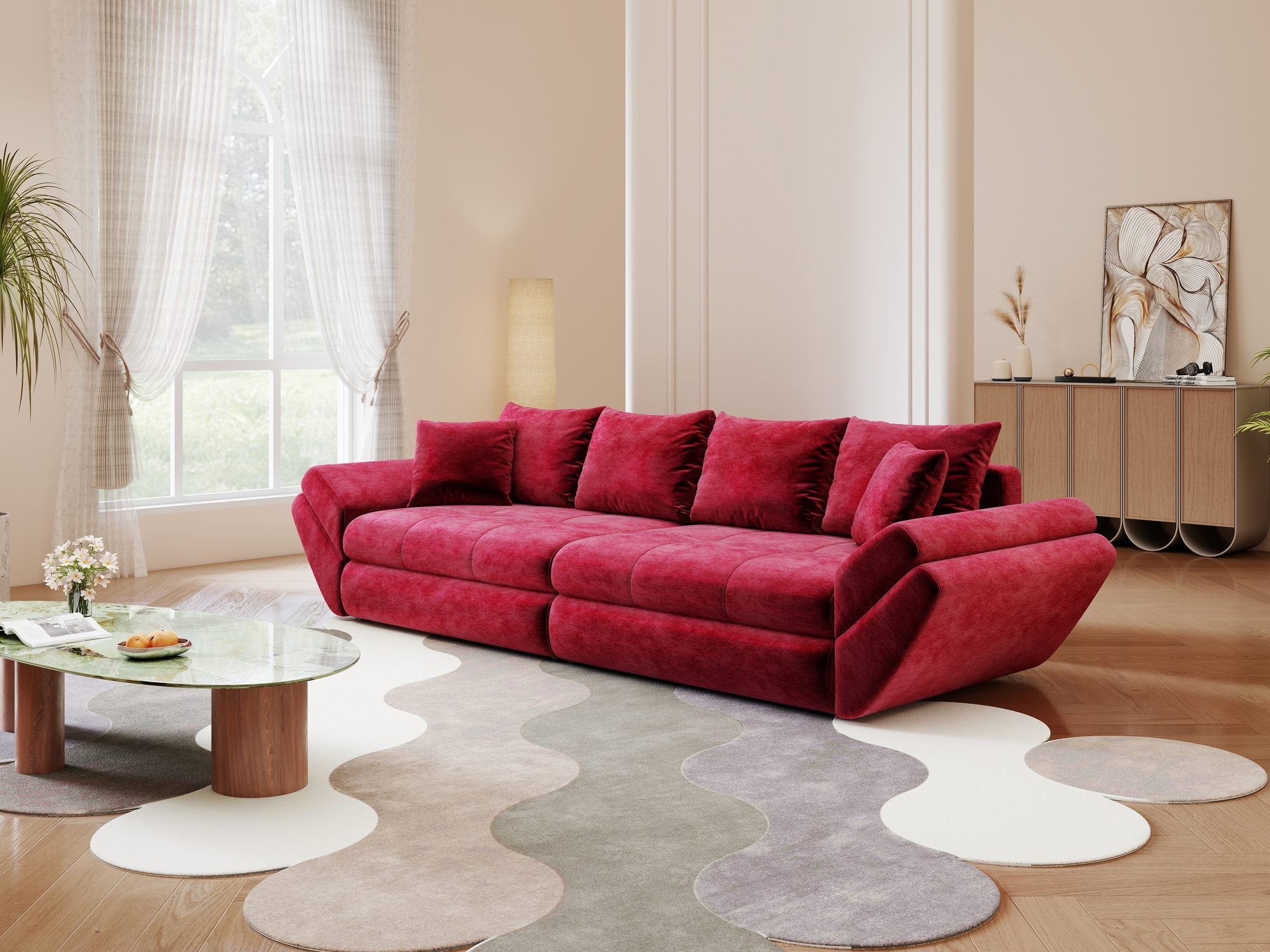 Canapea extensibilă dumonde cu ladă de depozitare si sezut confortabil din spuma high-density, Loana Monolith Rosu 300x100 cm