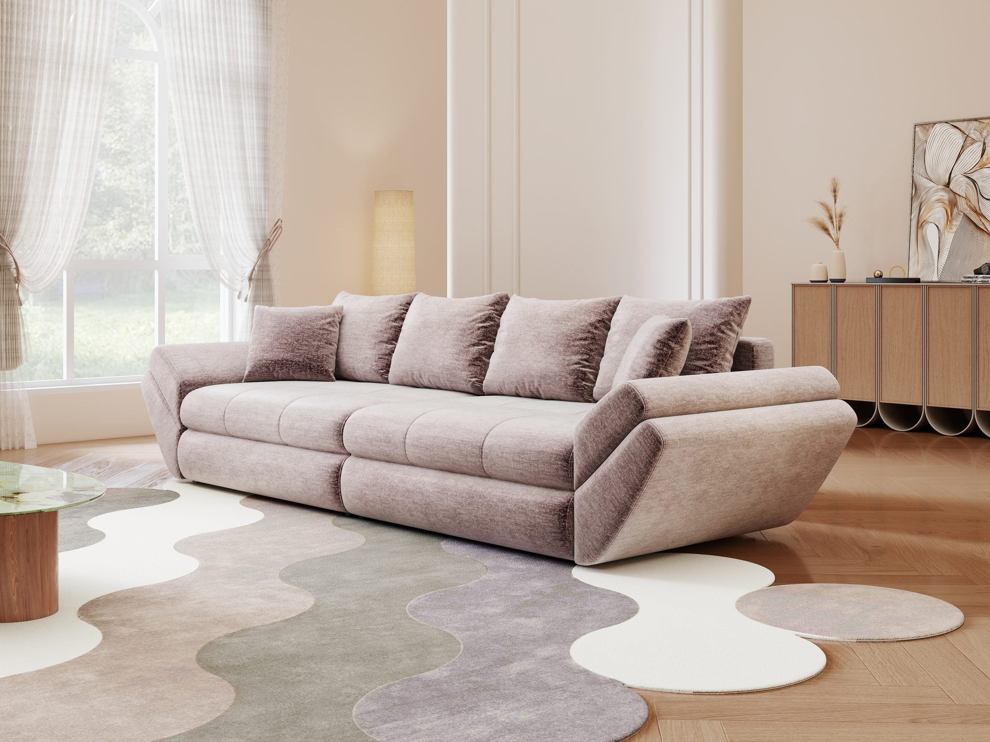 Canapea extensibilă dumonde cu ladă de depozitare si sezut confortabil din spuma high-density, Loana Monolith Roz pudrat 300x100 cm