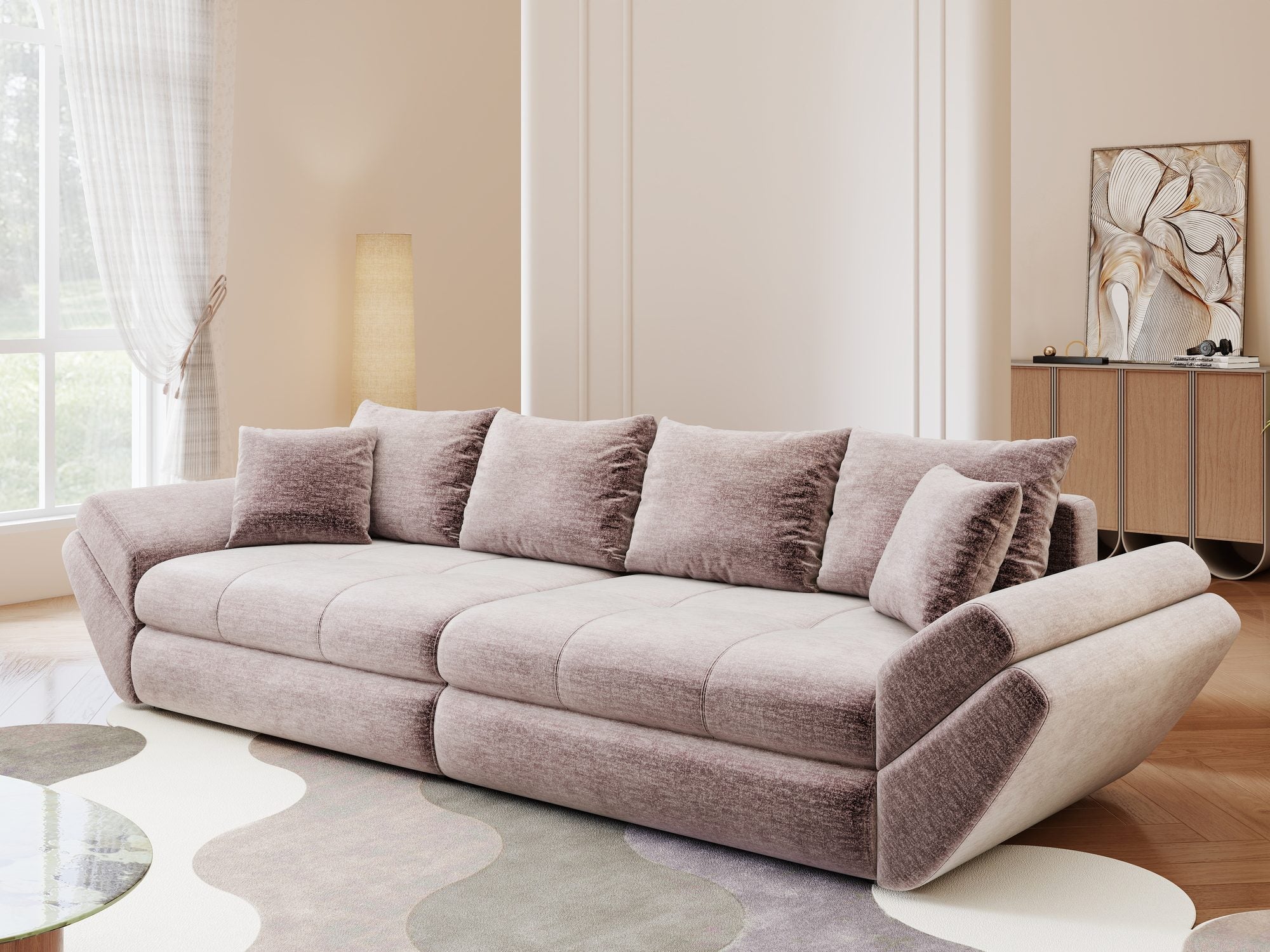 Canapea extensibilă dumonde cu ladă de depozitare si sezut confortabil din spuma high-density, Loana Monolith Roz pudrat 300x100 cm