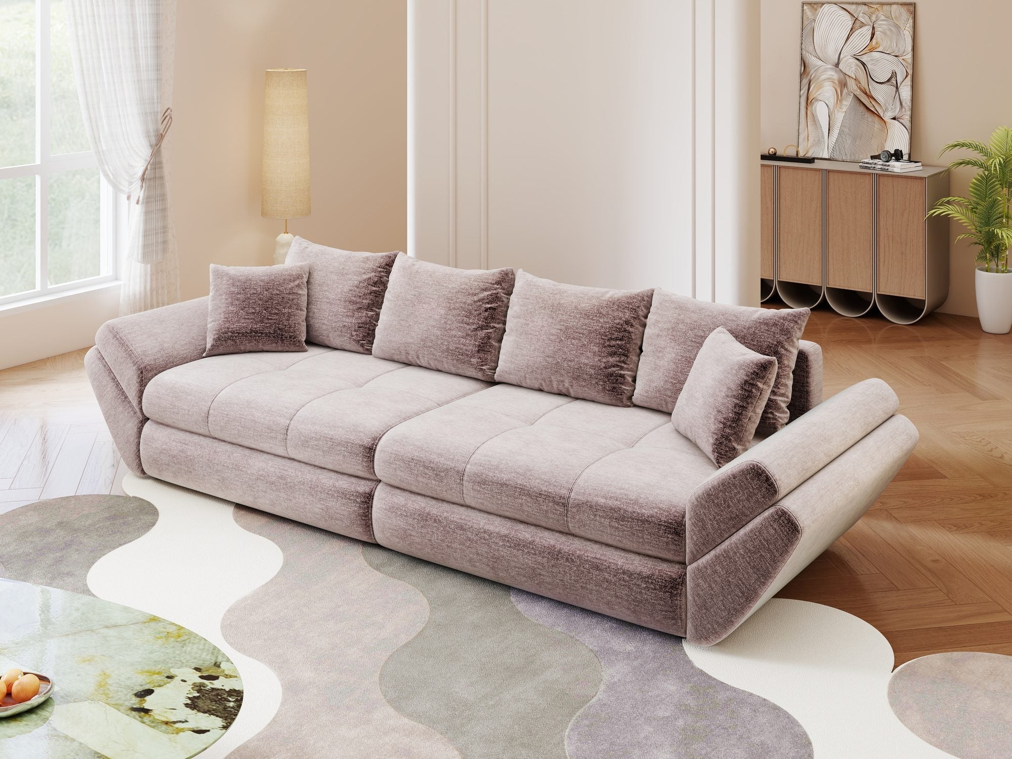 Canapea extensibilă dumonde cu ladă de depozitare si sezut confortabil din spuma high-density, Loana Monolith Roz pudrat 300x100 cm