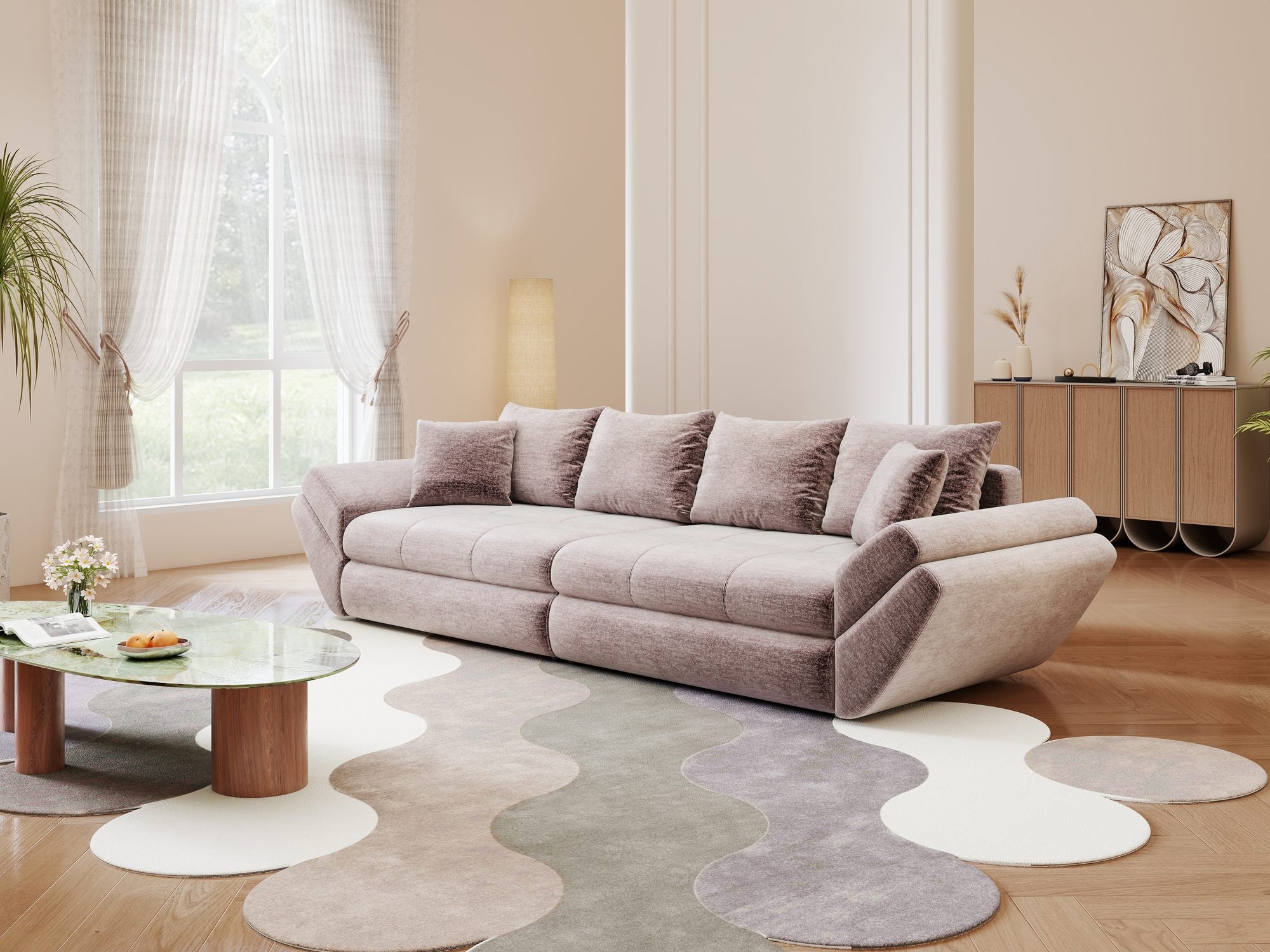Canapea extensibilă dumonde cu ladă de depozitare si sezut confortabil din spuma high-density, Loana Monolith Roz pudrat 300x100 cm
