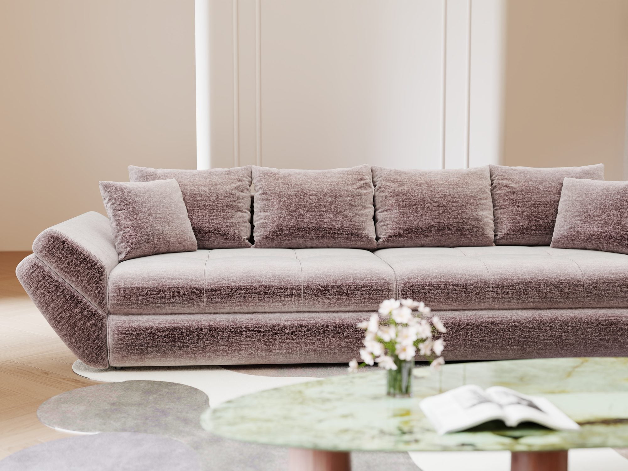 Canapea extensibilă dumonde cu ladă de depozitare si sezut confortabil din spuma high-density, Loana Monolith Roz pudrat 300x100 cm