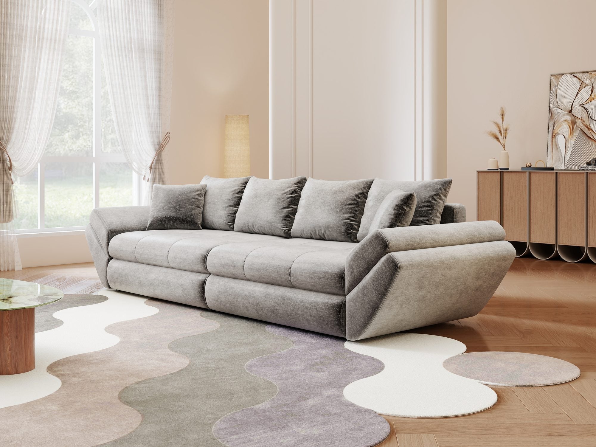 Canapea extensibilă dumonde cu ladă de depozitare si sezut confortabil din spuma high-density, Loana Monolith Gri 300x100 cm