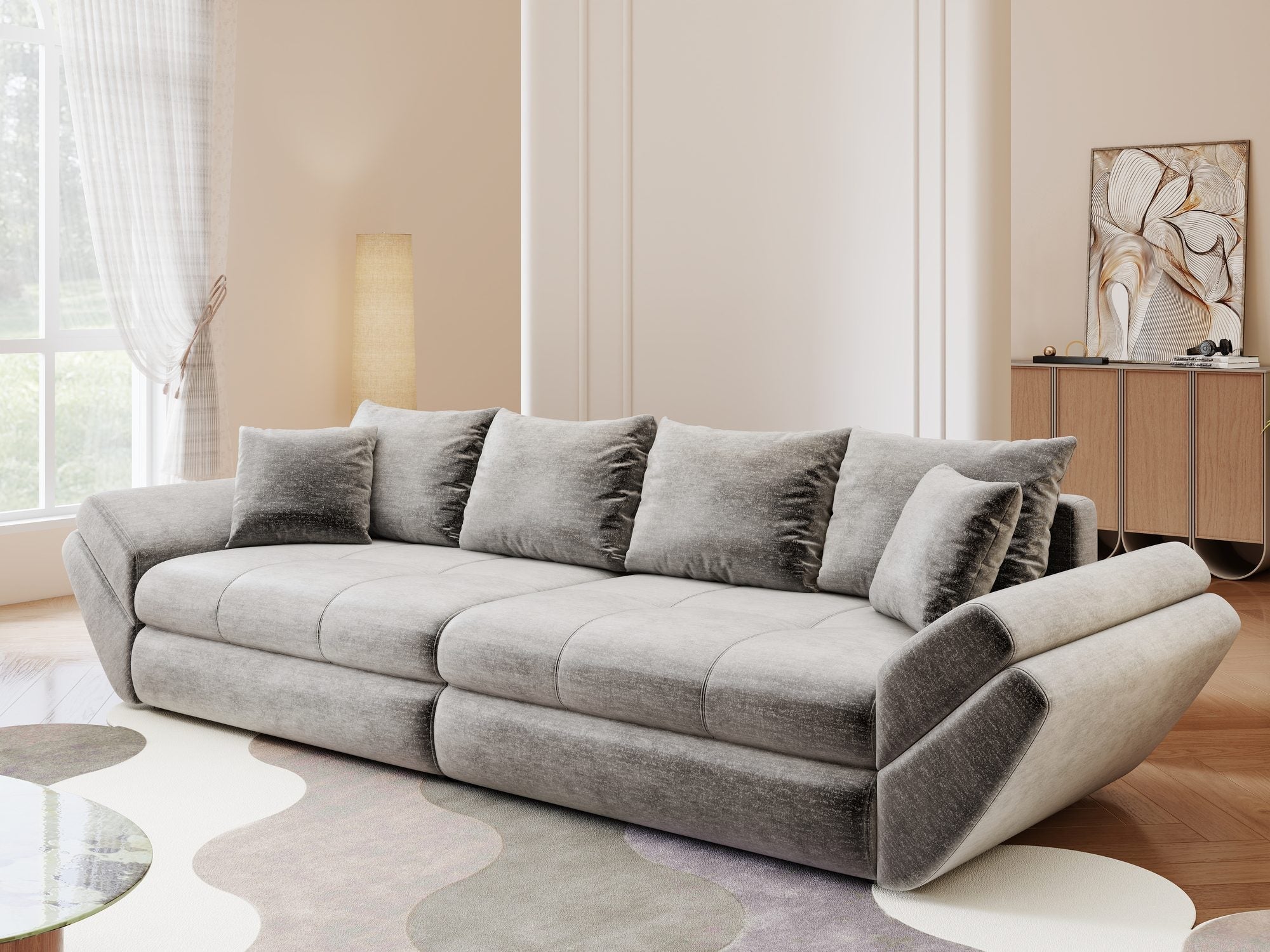 Canapea extensibilă dumonde cu ladă de depozitare si sezut confortabil din spuma high-density, Loana Monolith Gri 300x100 cm