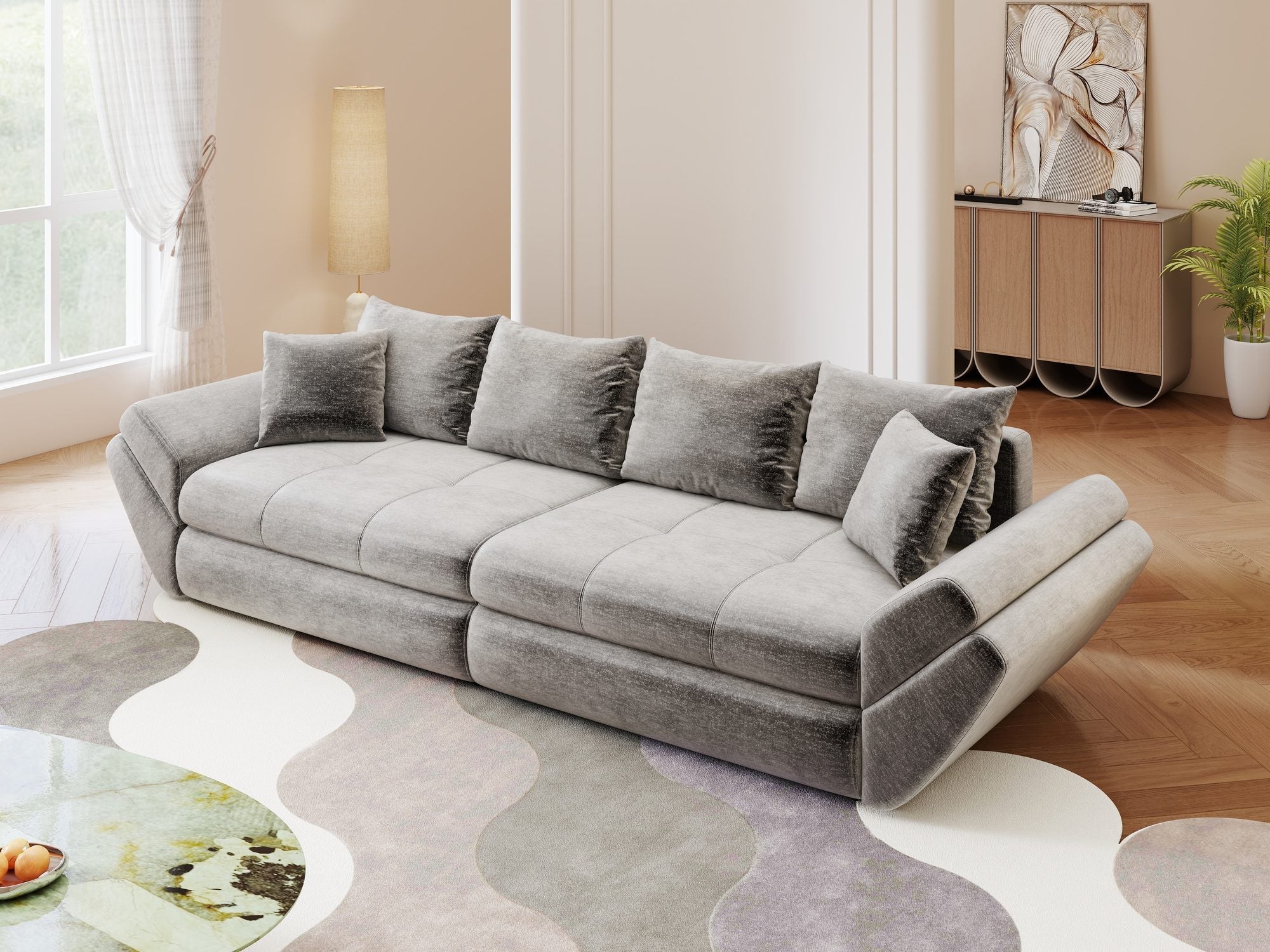 Canapea extensibilă dumonde cu ladă de depozitare si sezut confortabil din spuma high-density, Loana Monolith Gri 300x100 cm