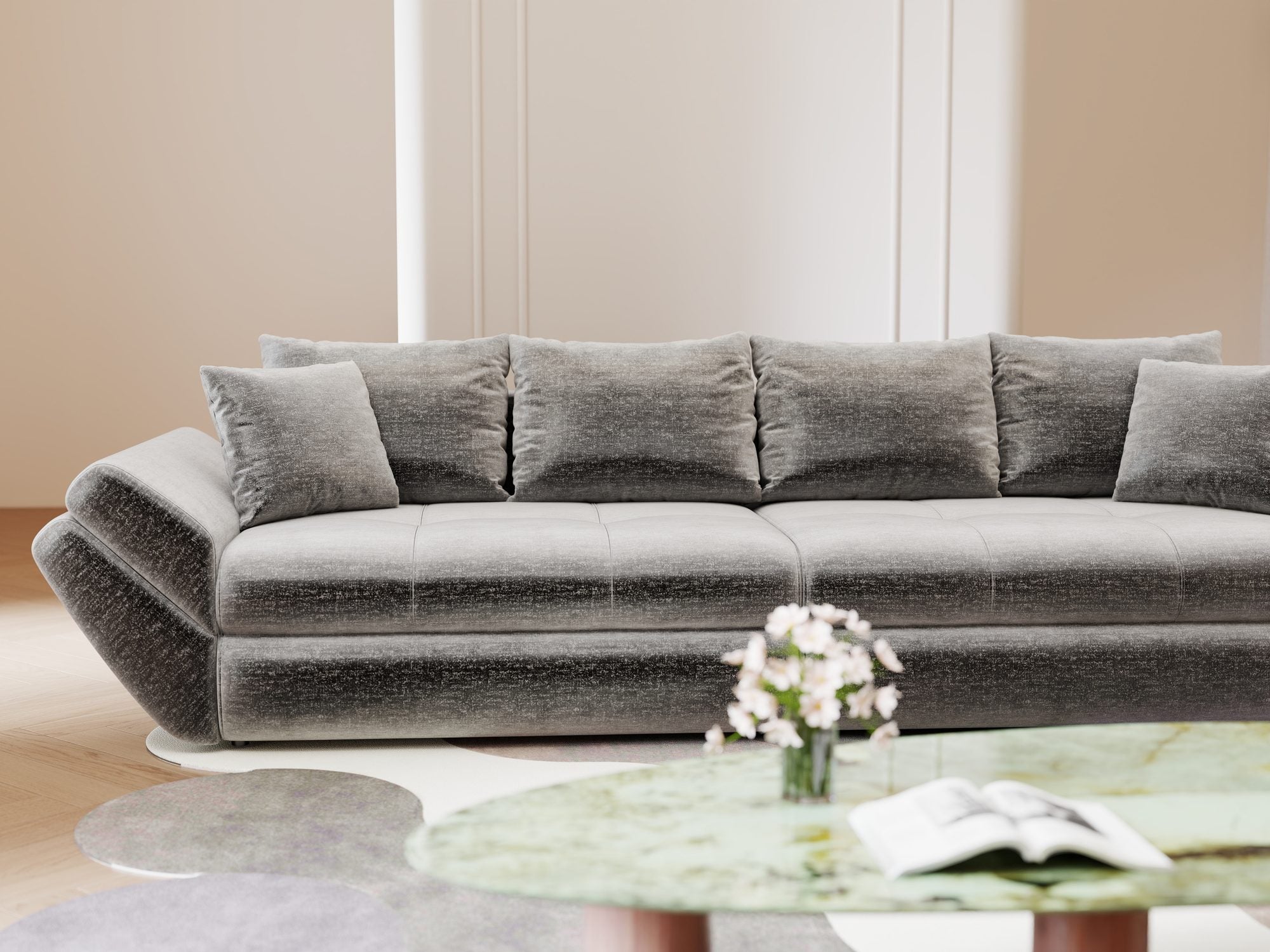 Canapea extensibilă dumonde cu ladă de depozitare si sezut confortabil din spuma high-density, Loana Monolith Gri 300x100 cm