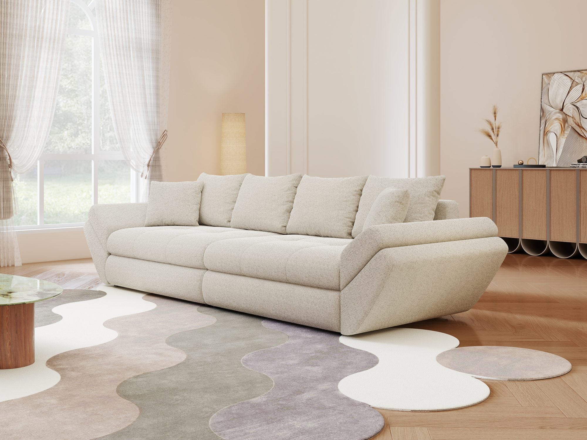 Canapea extensibilă dumonde cu ladă de depozitare si sezut confortabil din spuma high-density, Loana Monte Bej 300x100 cm