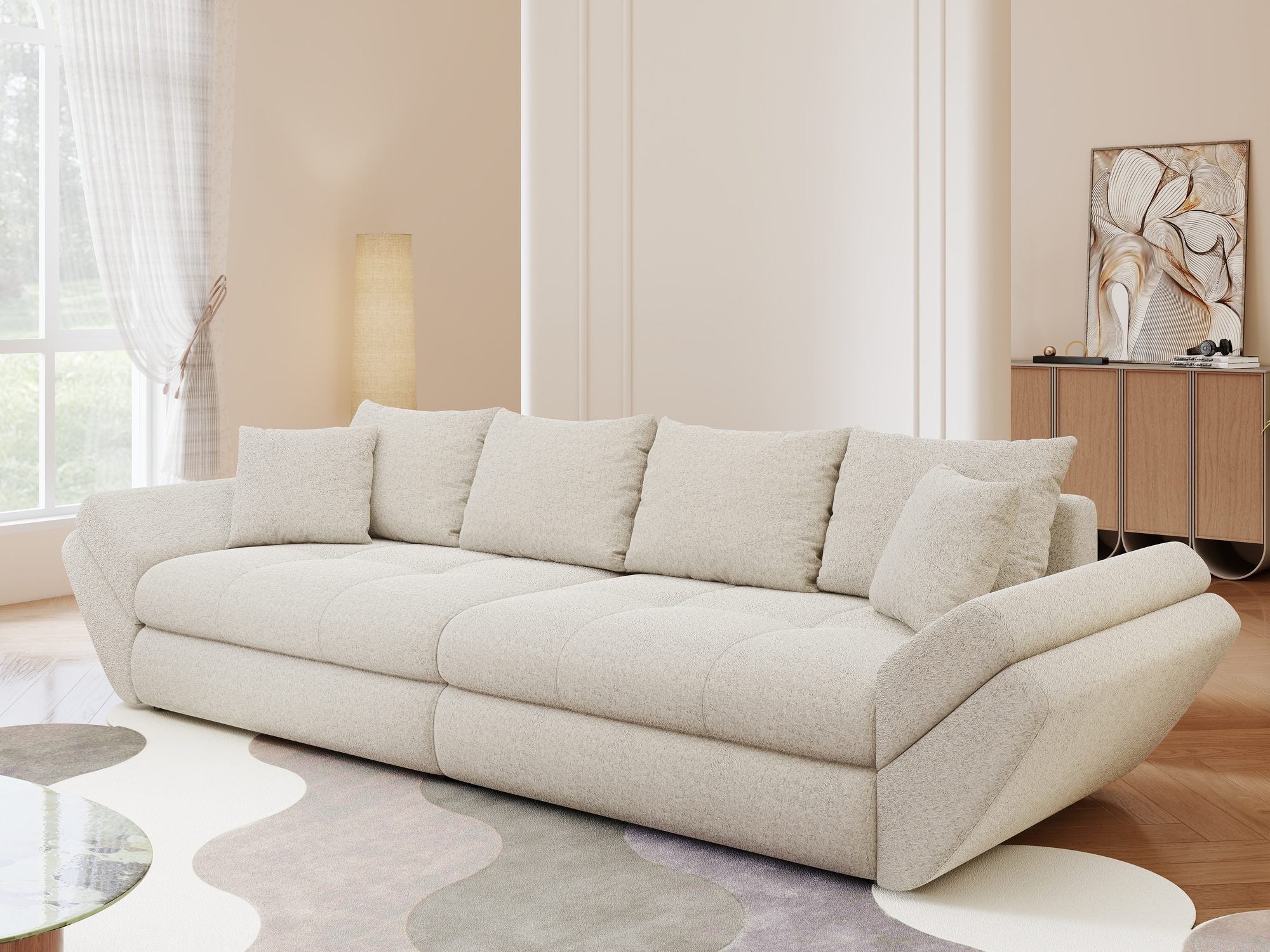 Canapea extensibilă dumonde cu ladă de depozitare si sezut confortabil din spuma high-density, Loana Monte Bej 300x100 cm