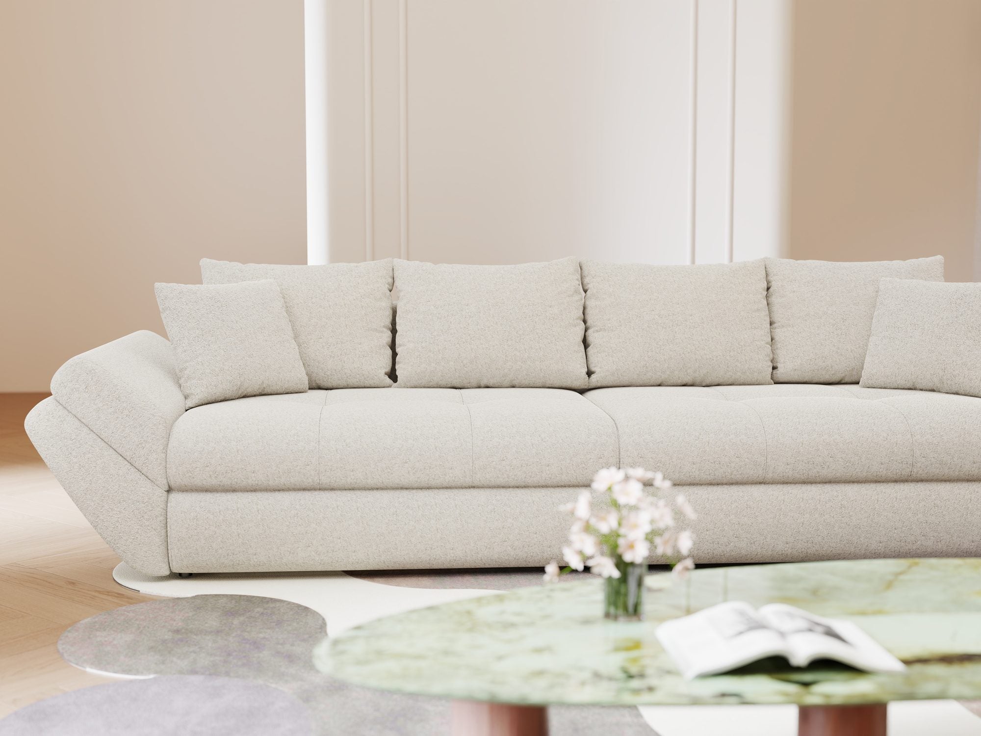 Canapea extensibilă dumonde cu ladă de depozitare si sezut confortabil din spuma high-density, Loana Monte Bej 300x100 cm