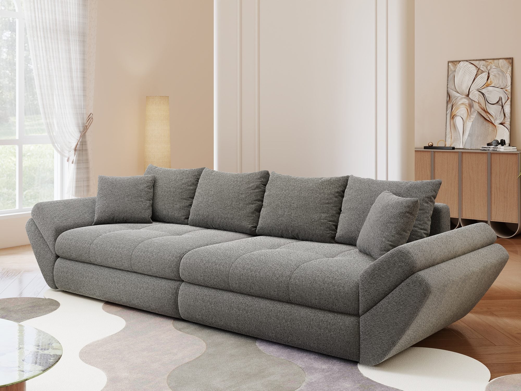 Canapea extensibilă dumonde cu ladă de depozitare si sezut confortabil din spuma high-density, Loana Monte Gri 300x100 cm