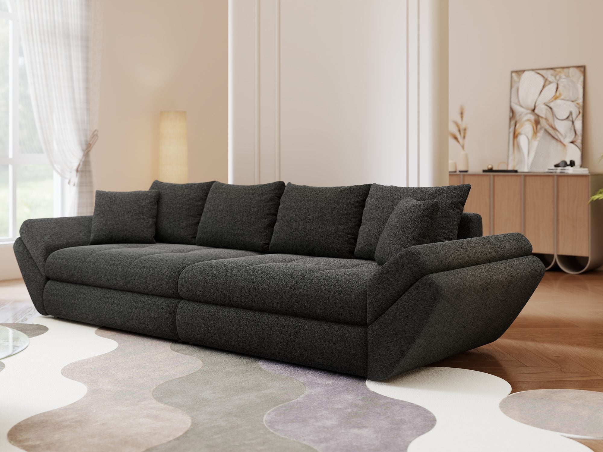 Canapea extensibilă dumonde cu ladă de depozitare si sezut confortabil din spuma high-density, Loana Monte Negru 300x100 cm