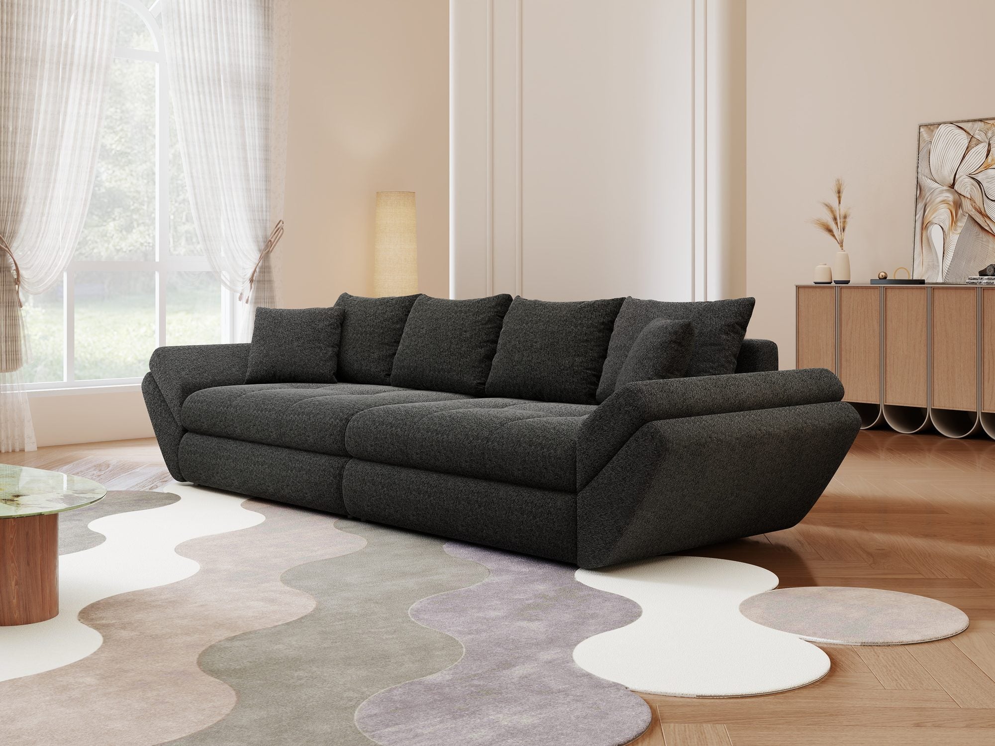 Canapea extensibilă dumonde cu ladă de depozitare si sezut confortabil din spuma high-density, Loana Monte Negru 300x100 cm