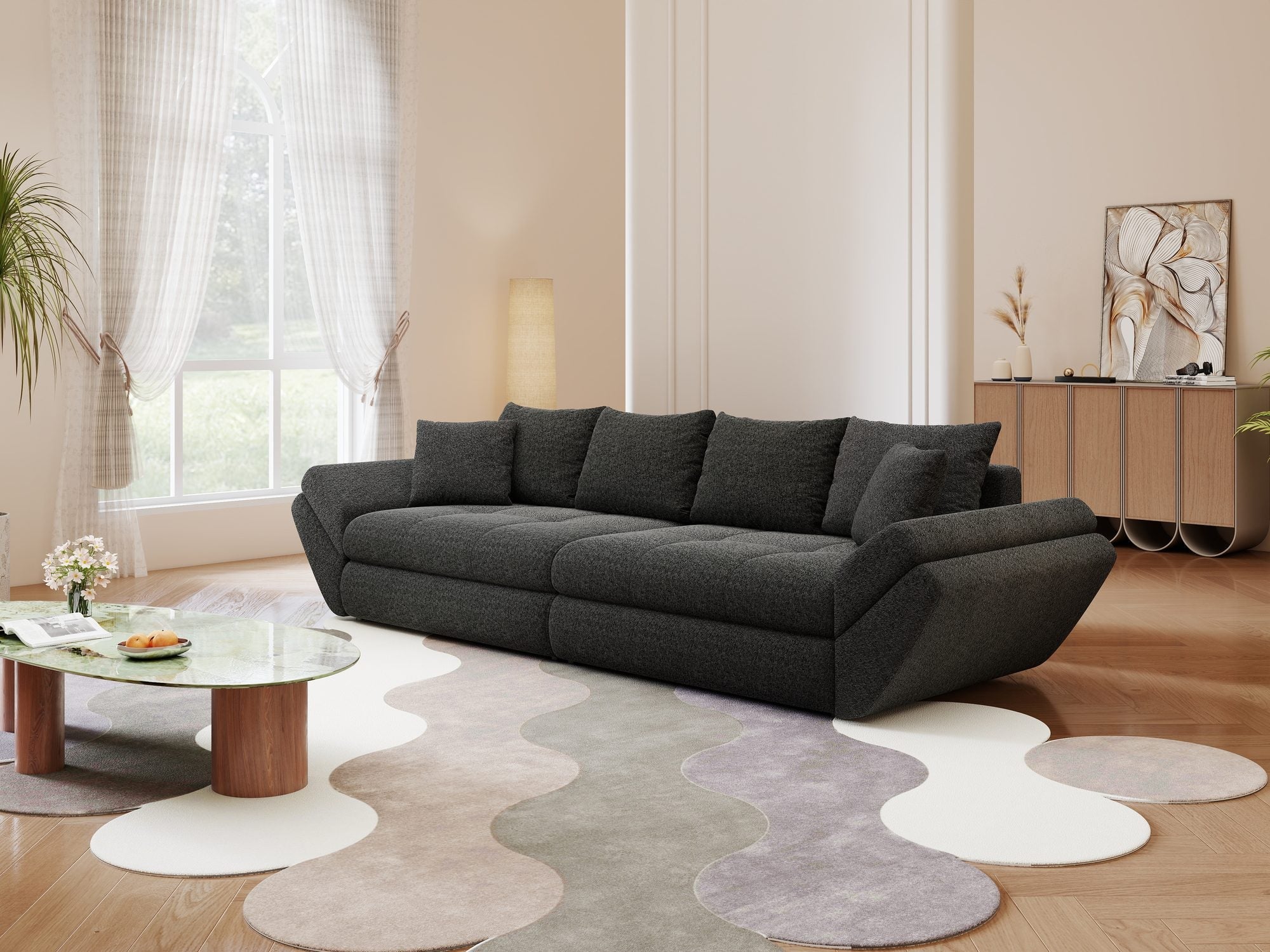 Canapea extensibilă dumonde cu ladă de depozitare si sezut confortabil din spuma high-density, Loana Monte Negru 300x100 cm