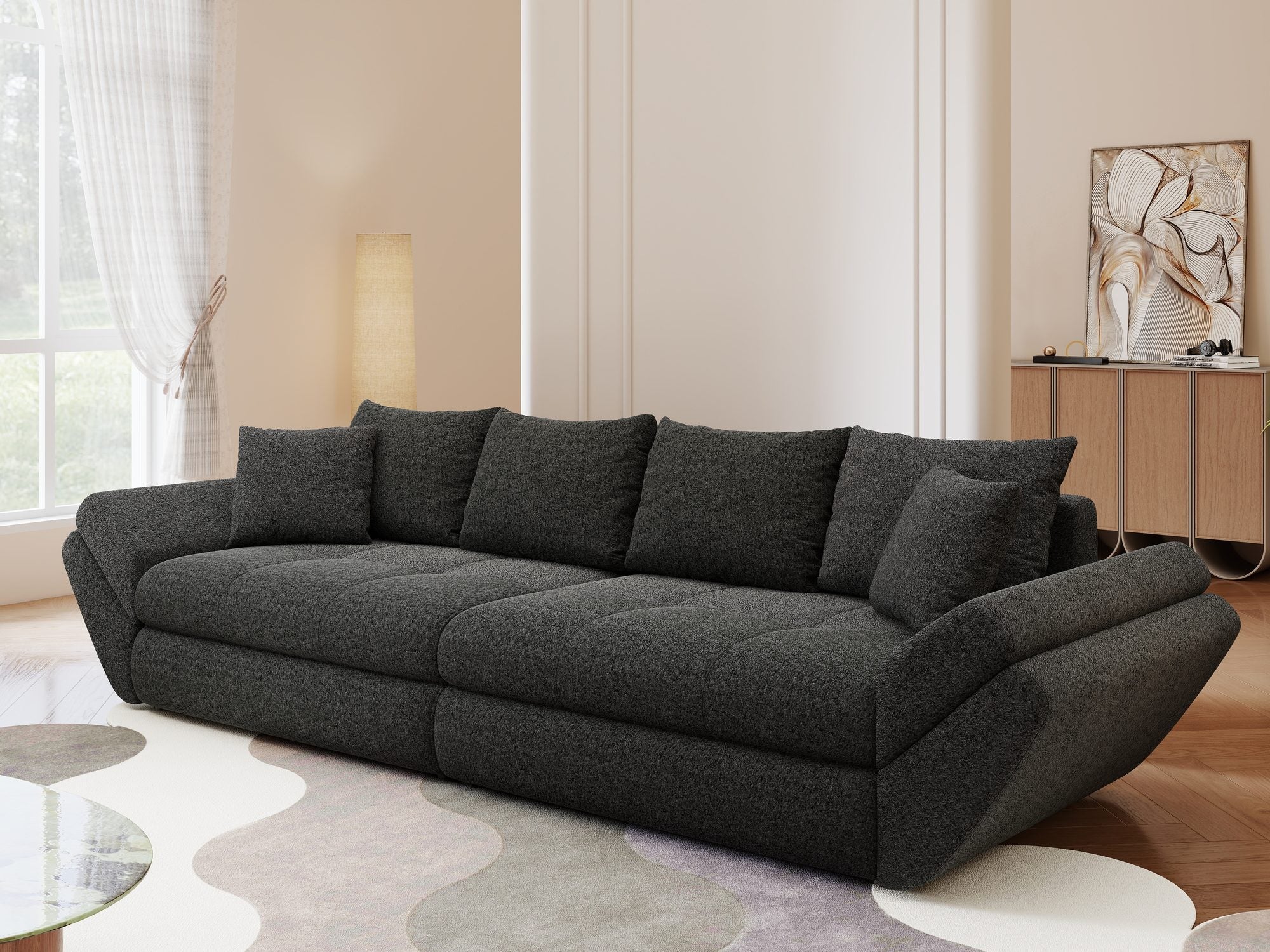 Canapea extensibilă dumonde cu ladă de depozitare si sezut confortabil din spuma high-density, Loana Monte Negru 300x100 cm