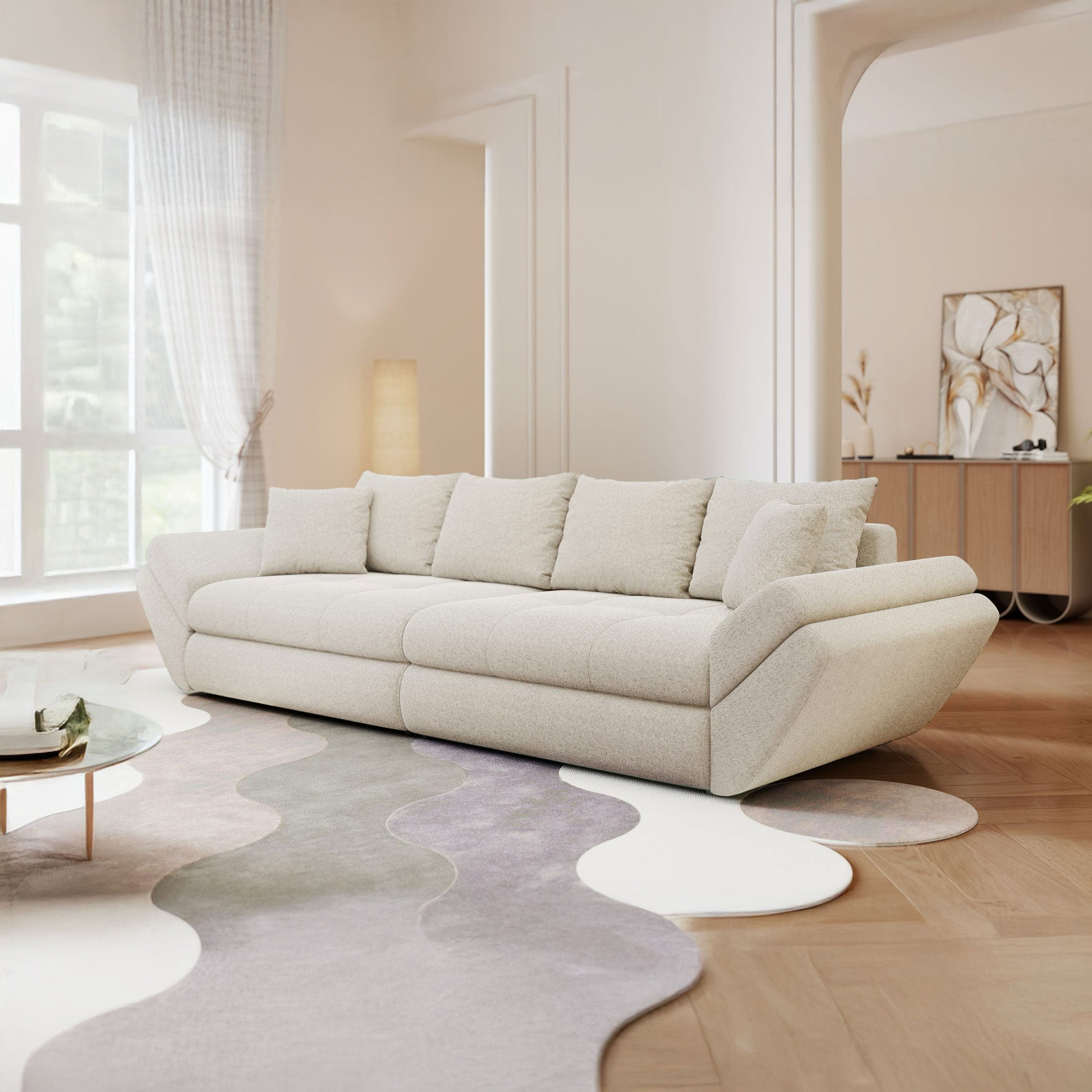 Canapea extensibilă dumonde cu ladă de depozitare si sezut confortabil din spuma high-density, Loana Monte Bej 300x100 cm