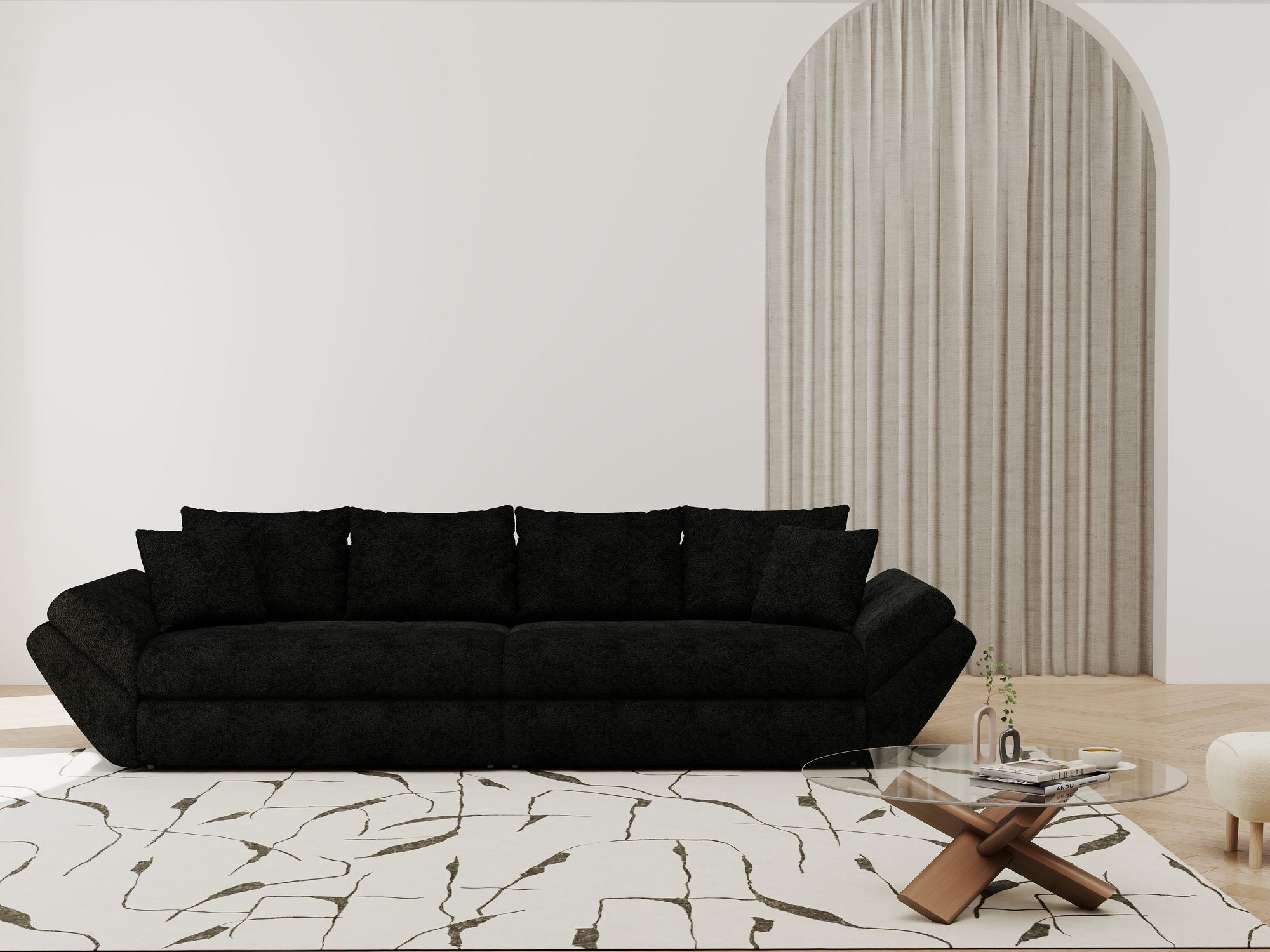 Canapea extensibilă dumonde cu ladă de depozitare si sezut confortabil din spuma high-density, Loana Quelle Negru 300x100 cm