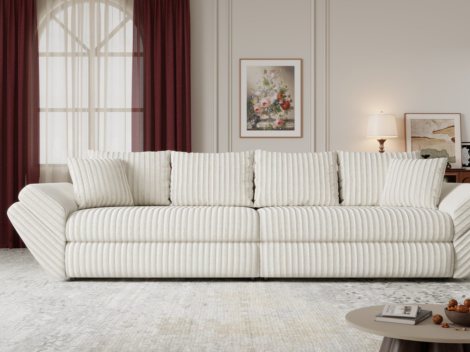 Canapea extensibilă dumonde cu ladă de depozitare si sezut confortabil din spuma high-density, Loana Tilia Bej 300x100 cm