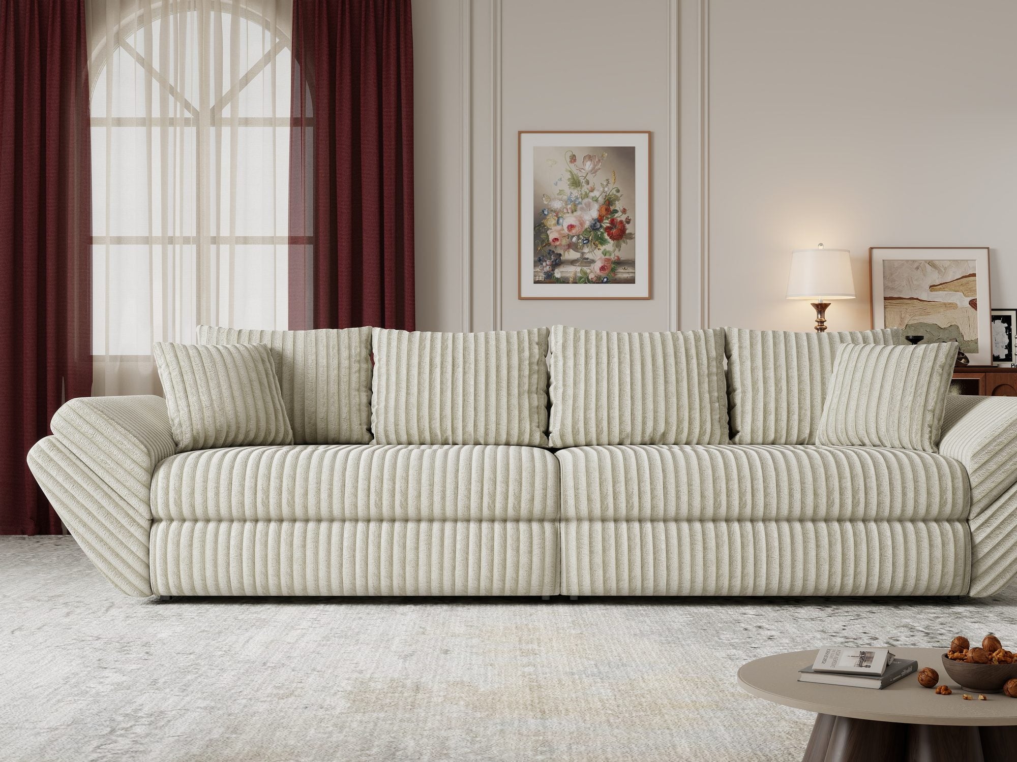 Canapea extensibilă dumonde cu ladă de depozitare si sezut confortabil din spuma high-density, Loana Tilia Bej 300x100 cm