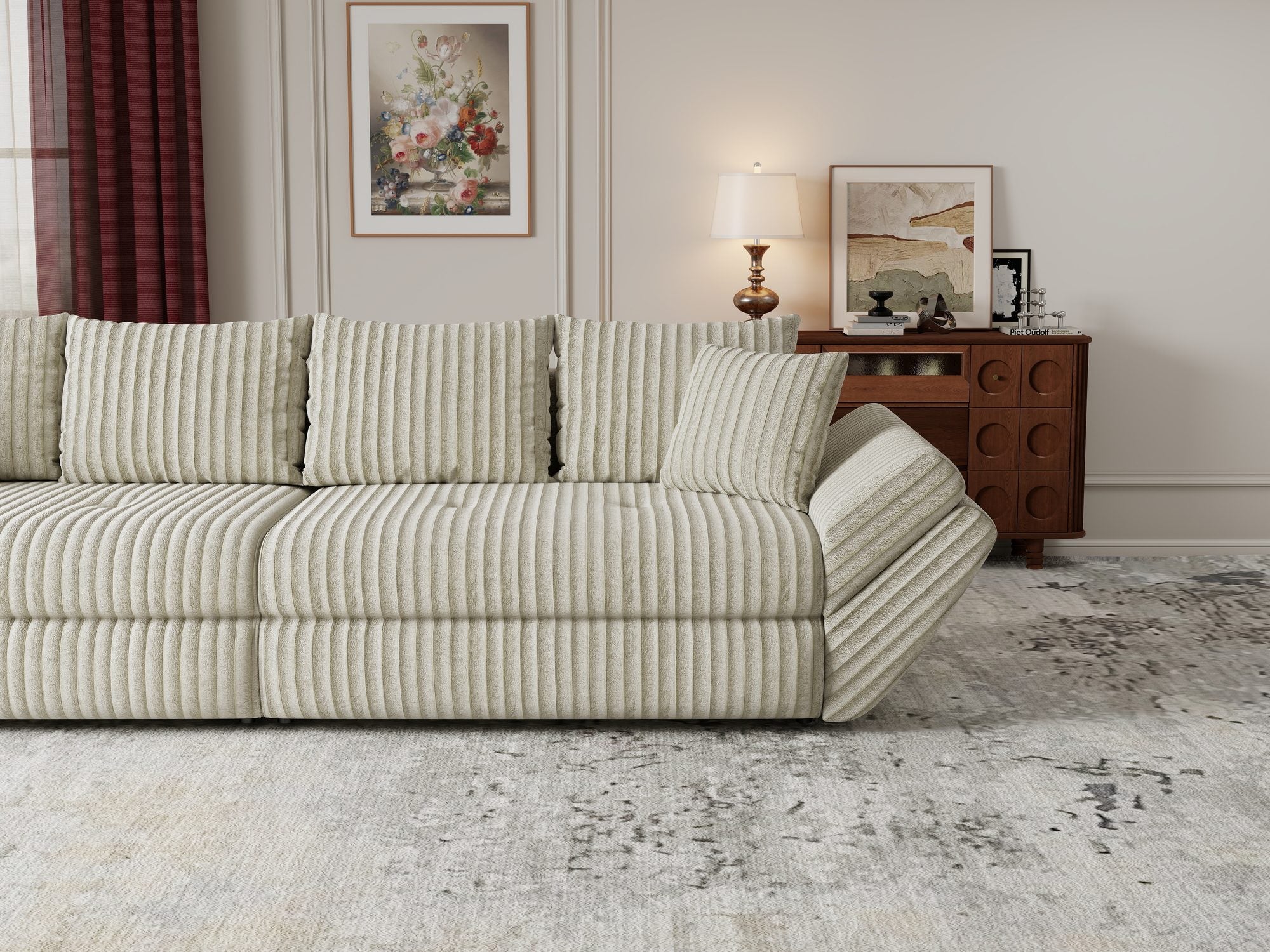 Canapea extensibilă dumonde cu ladă de depozitare si sezut confortabil din spuma high-density, Loana Tilia Bej 300x100 cm