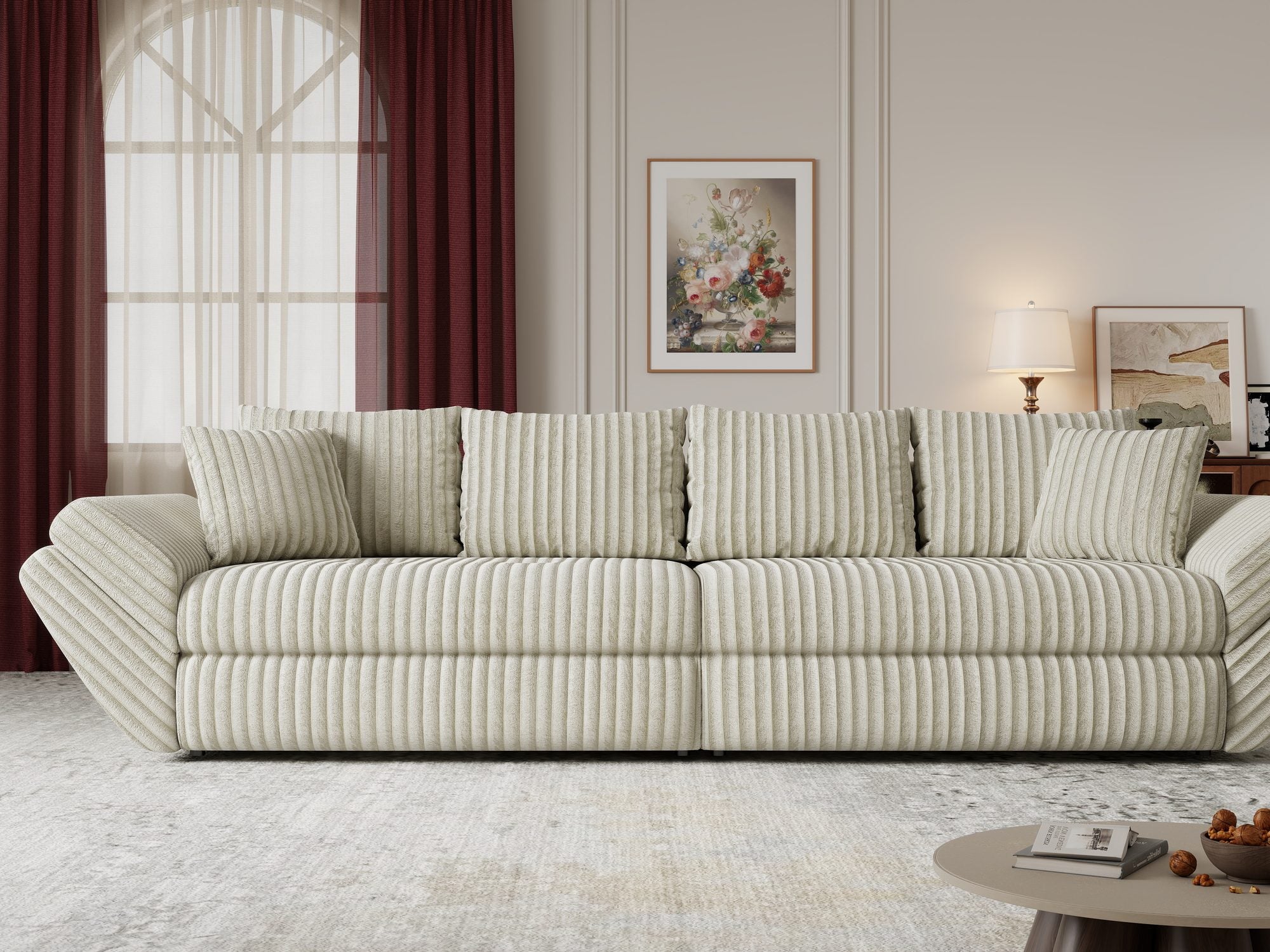 Canapea extensibilă dumonde cu ladă de depozitare si sezut confortabil din spuma high-density, Loana Tilia Bej 300x100 cm