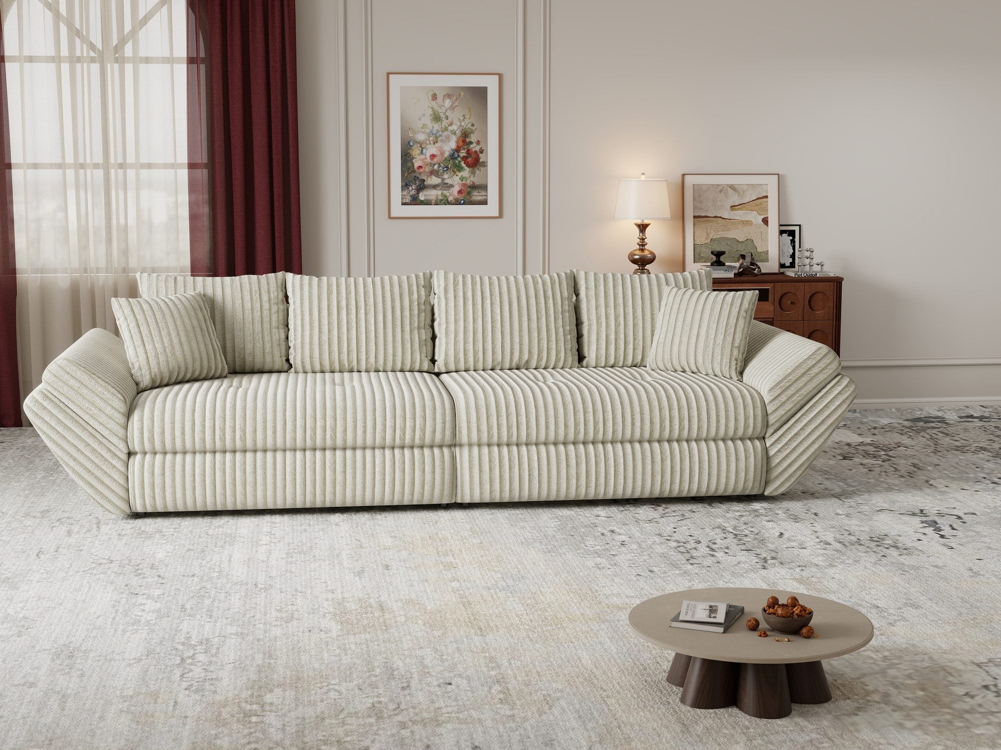 Canapea extensibilă dumonde cu ladă de depozitare si sezut confortabil din spuma high-density, Loana Tilia Bej 300x100 cm