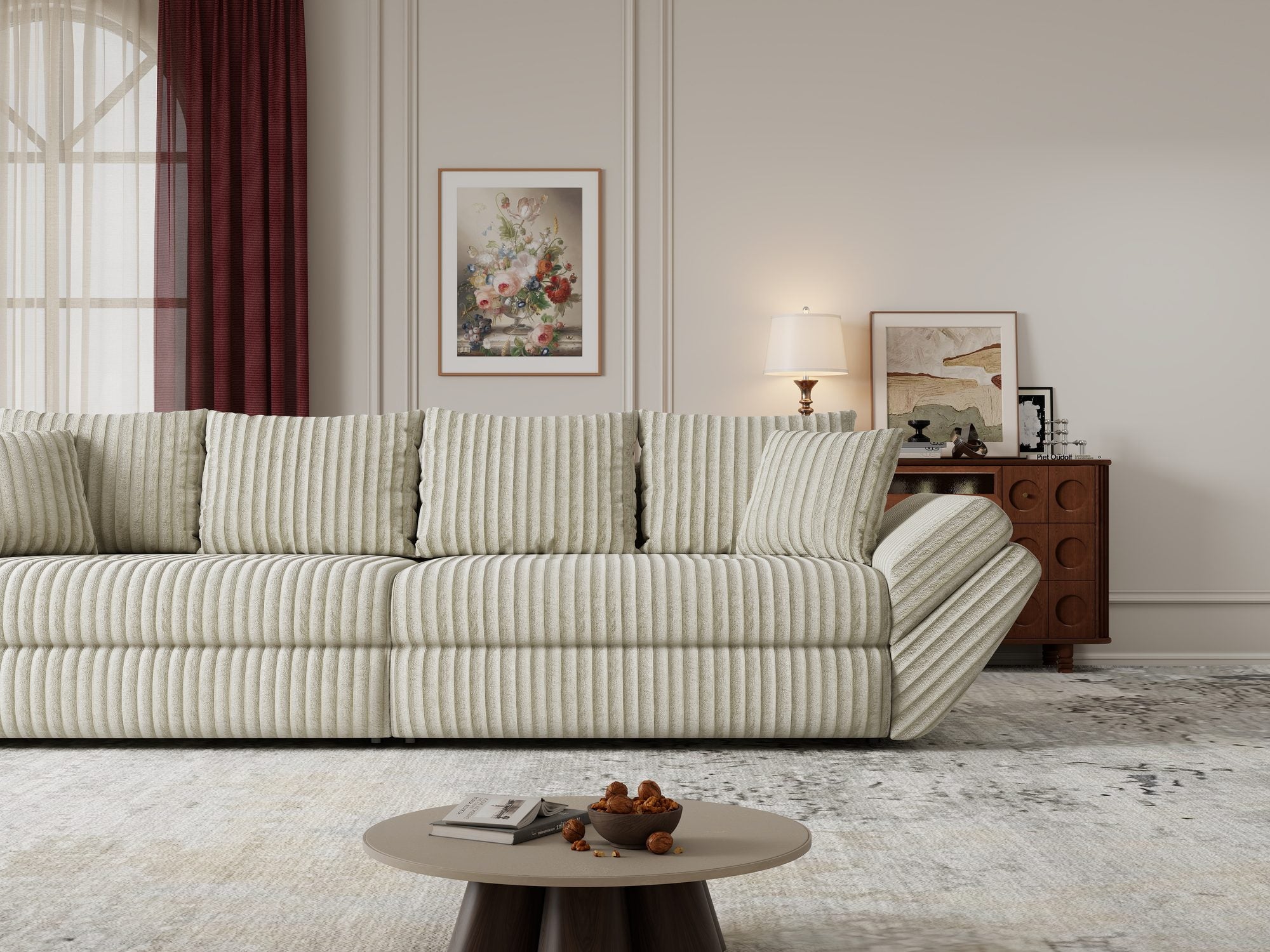 Canapea extensibilă dumonde cu ladă de depozitare si sezut confortabil din spuma high-density, Loana Tilia Bej 300x100 cm