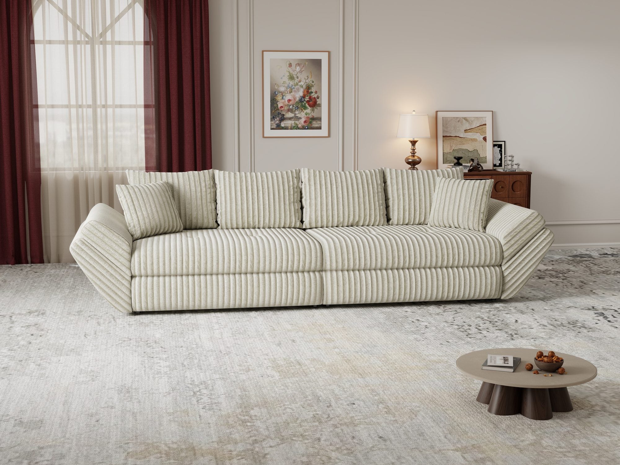 Canapea extensibilă dumonde cu ladă de depozitare si sezut confortabil din spuma high-density, Loana Tilia Bej 300x100 cm