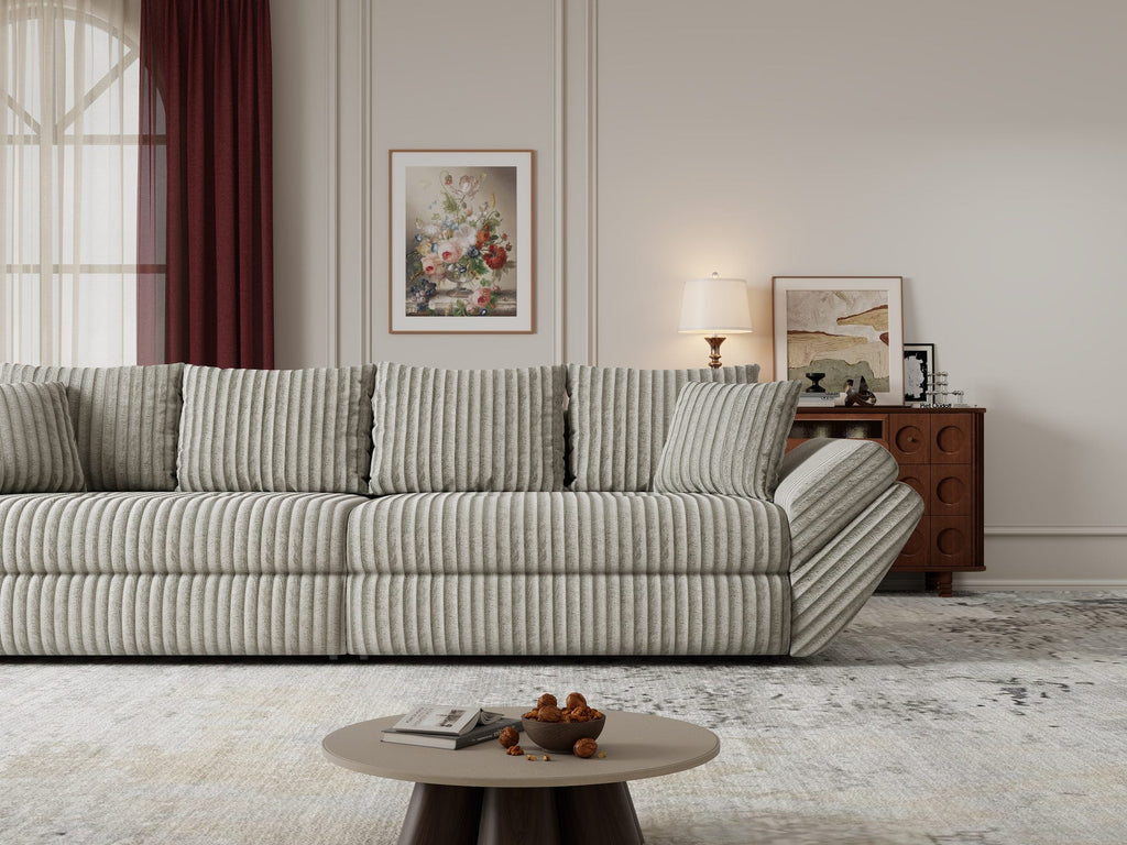 Canapea extensibilă dumonde cu ladă de depozitare si sezut confortabil din spuma high-density, Loana Tilia Gri- bej 300x100 cm