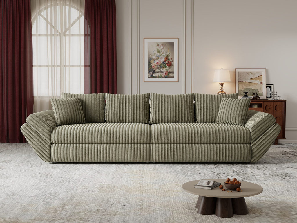 Canapea extensibilă dumonde cu ladă de depozitare si sezut confortabil din spuma high-density, Loana Tilia Verde olive 300x100 cm