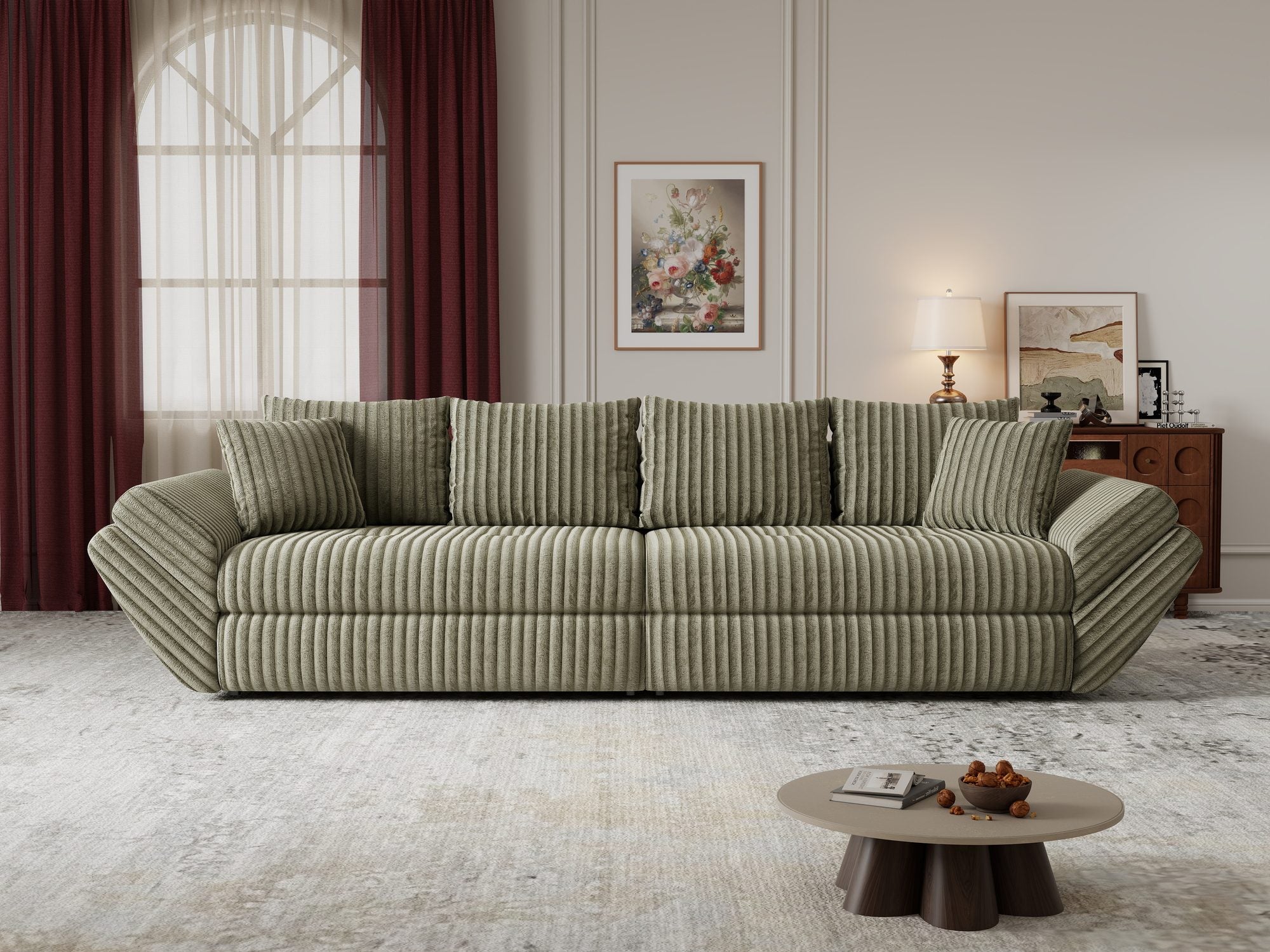 Canapea extensibilă dumonde cu ladă de depozitare si sezut confortabil din spuma high-density, Loana Tilia Verde olive 300x100 cm