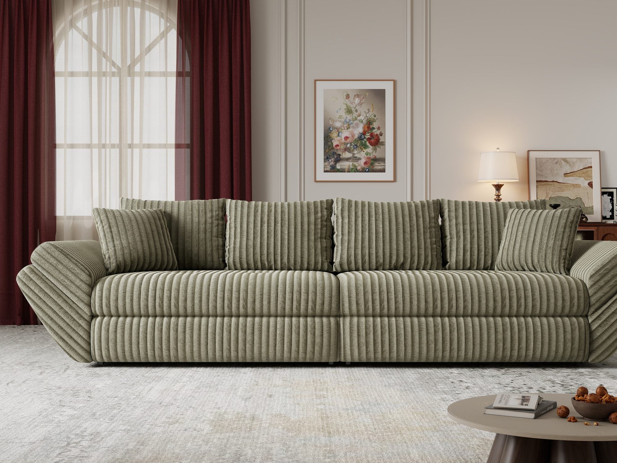 Canapea extensibilă dumonde cu ladă de depozitare si sezut confortabil din spuma high-density, Loana Tilia Verde olive 300x100 cm