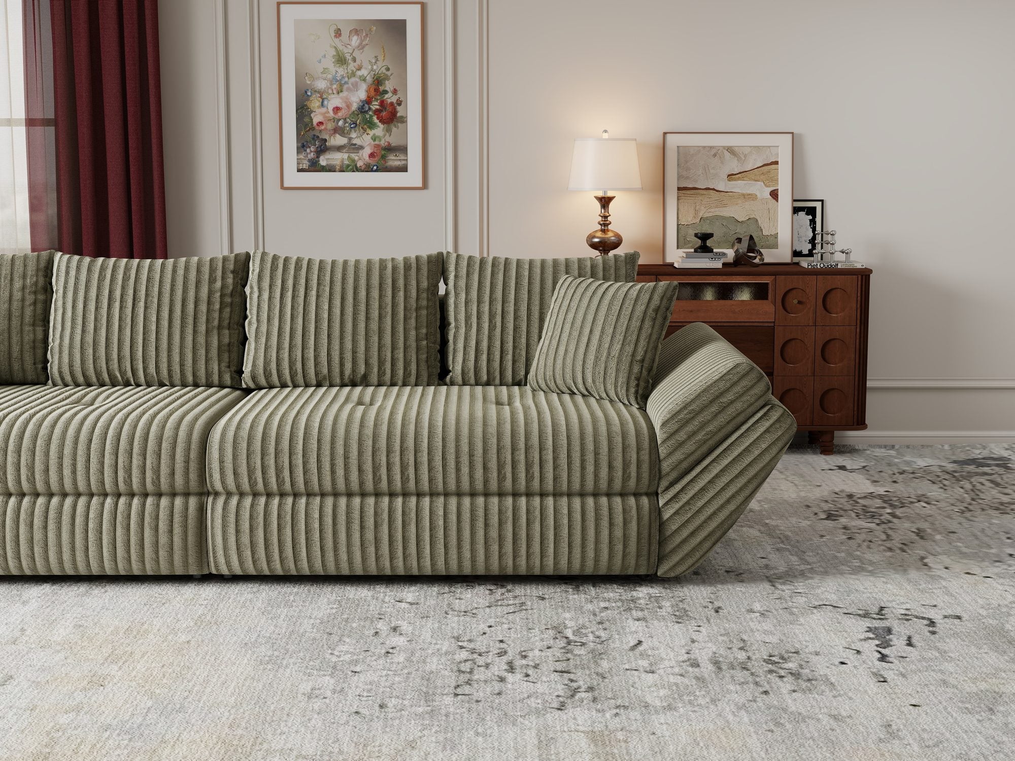 Canapea extensibilă dumonde cu ladă de depozitare si sezut confortabil din spuma high-density, Loana Tilia Verde olive 300x100 cm